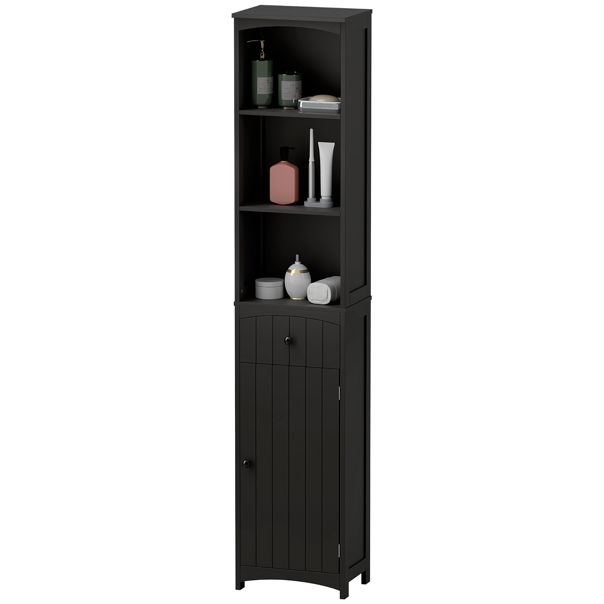 HOMCOM Bathroom Storage Cabinet, Tall Linen Tower with 3-Tier Shelves and Drawer and Door, Black
