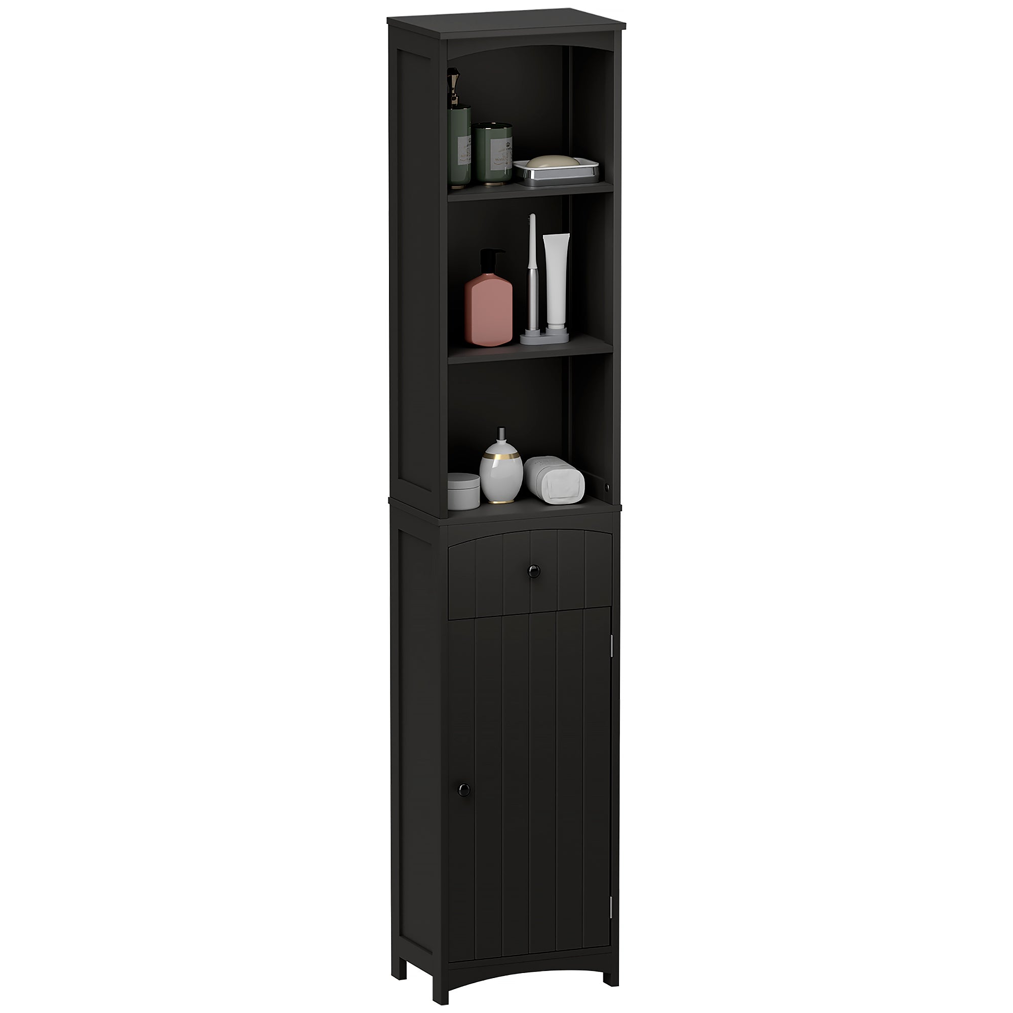 HOMCOM Bathroom Storage Cabinet, Tall Linen Tower with 3-Tier Shelves and Drawer and Door, Black
