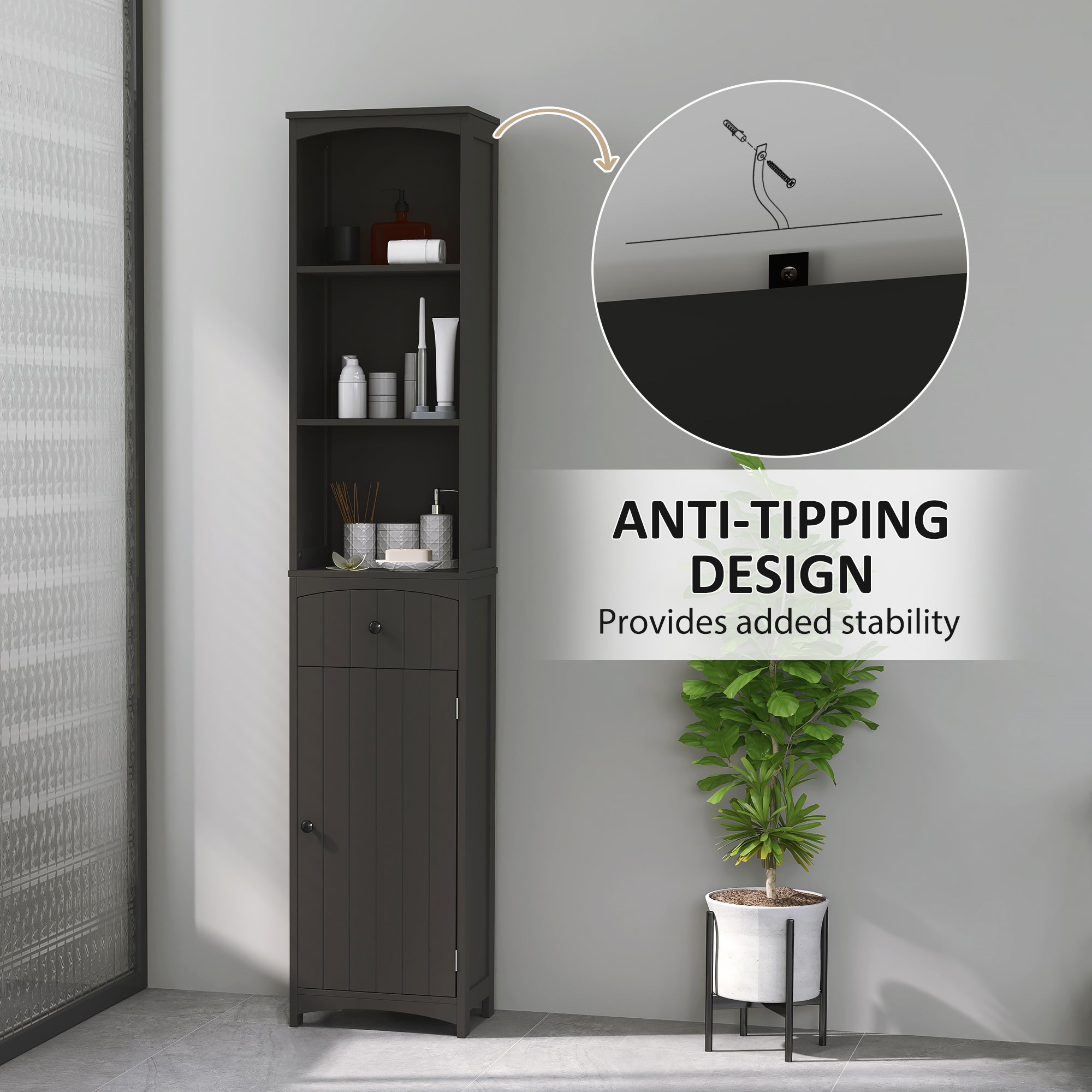 HOMCOM Bathroom Storage Cabinet, Tall Linen Tower with 3-Tier Shelves and Drawer and Door, Black