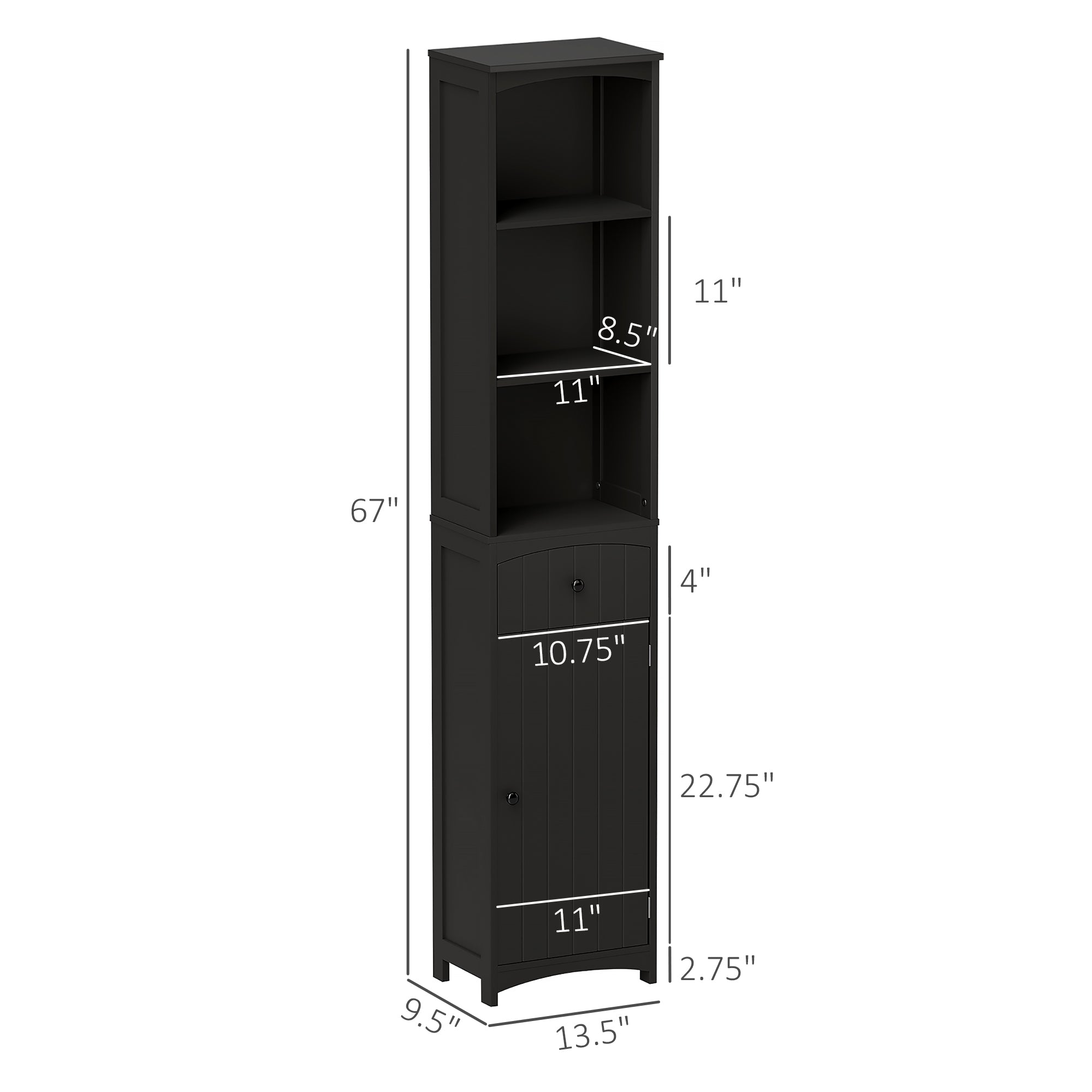 HOMCOM Bathroom Storage Cabinet, Tall Linen Tower with 3-Tier Shelves and Drawer and Door, Black