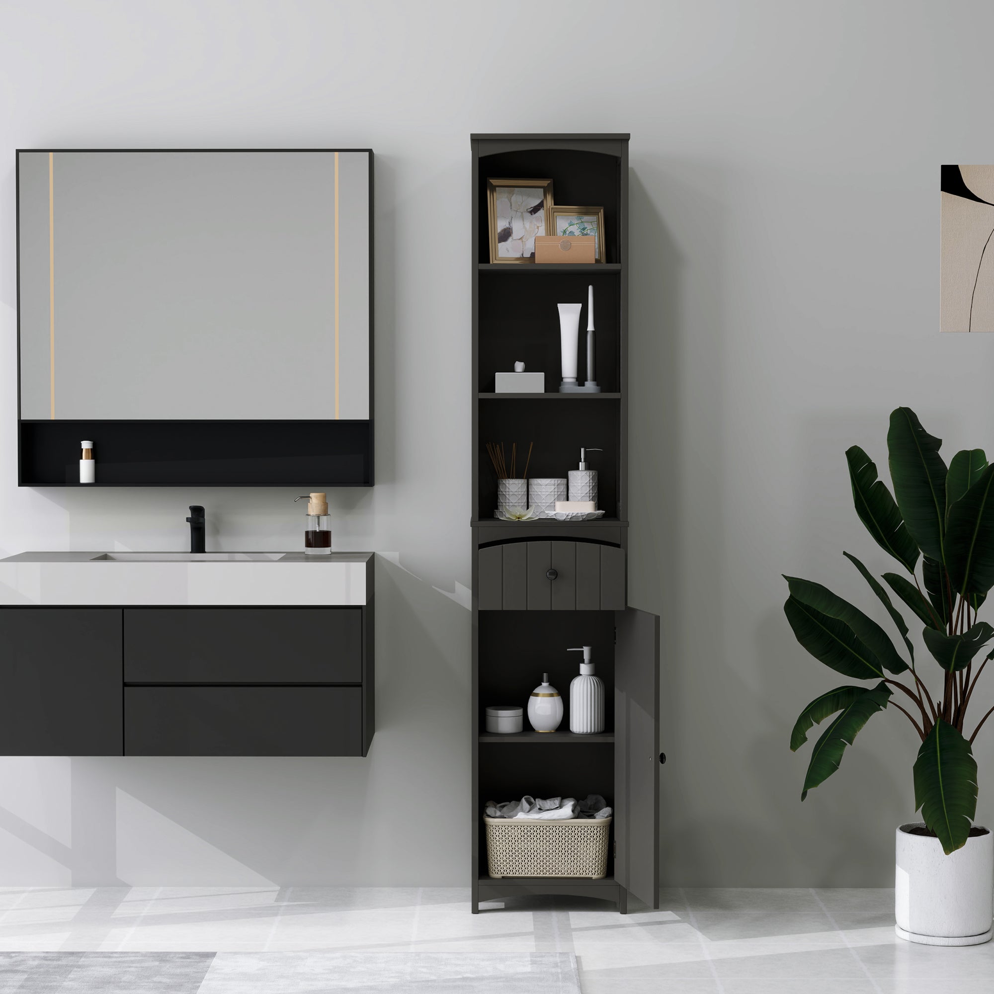 HOMCOM Bathroom Storage Cabinet, Tall Linen Tower with 3-Tier Shelves and Drawer and Door, Black