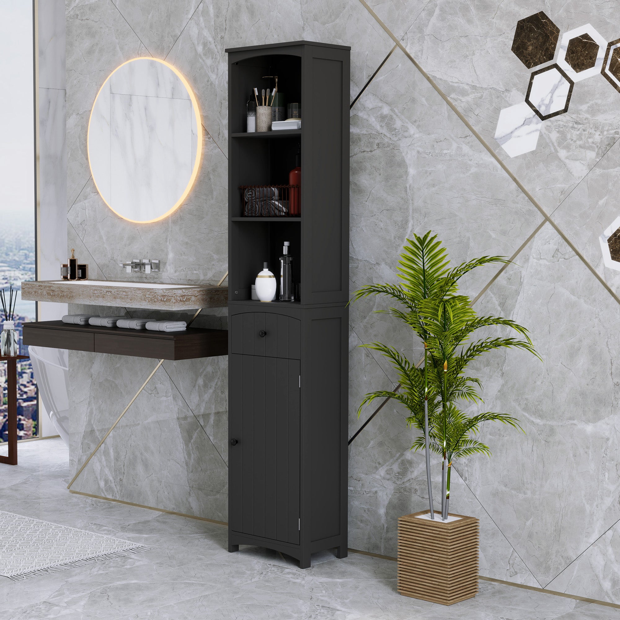 HOMCOM Bathroom Storage Cabinet, Tall Linen Tower with 3-Tier Shelves and Drawer and Door, Black