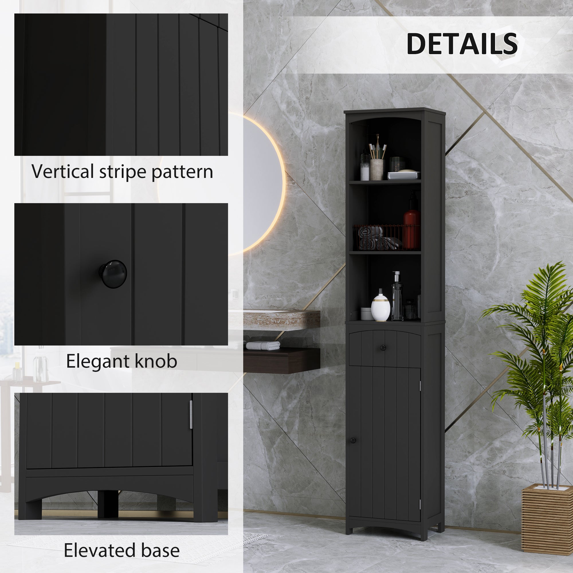 HOMCOM Bathroom Storage Cabinet, Tall Linen Tower with 3-Tier Shelves and Drawer and Door, Black