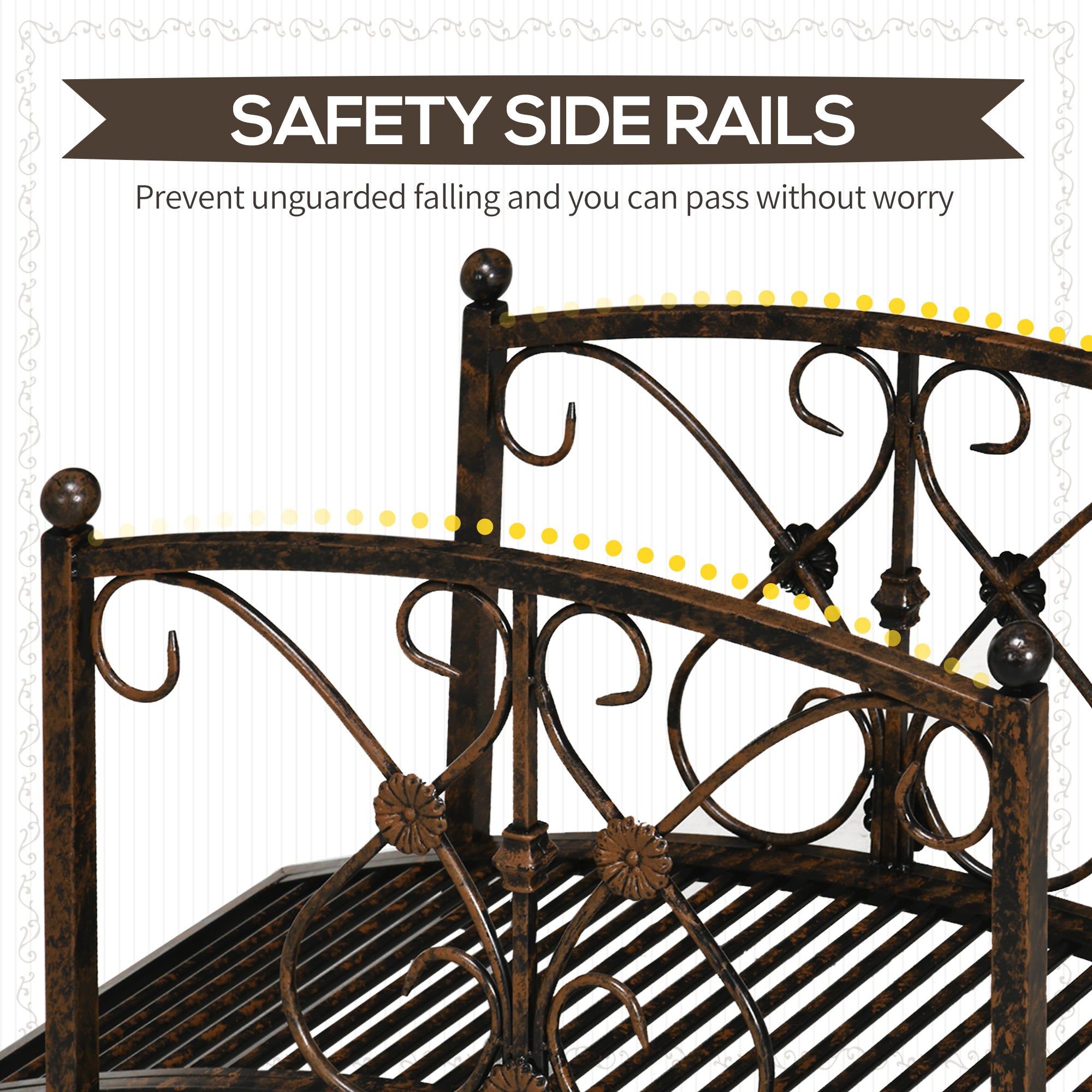 Outsunny 3.3FT Metal Arch Zen Garden Bridge with Safety Siderails, Decorative Footbridge, Delicate Floral Scrollwork for Stream, Fish Pond, Brown