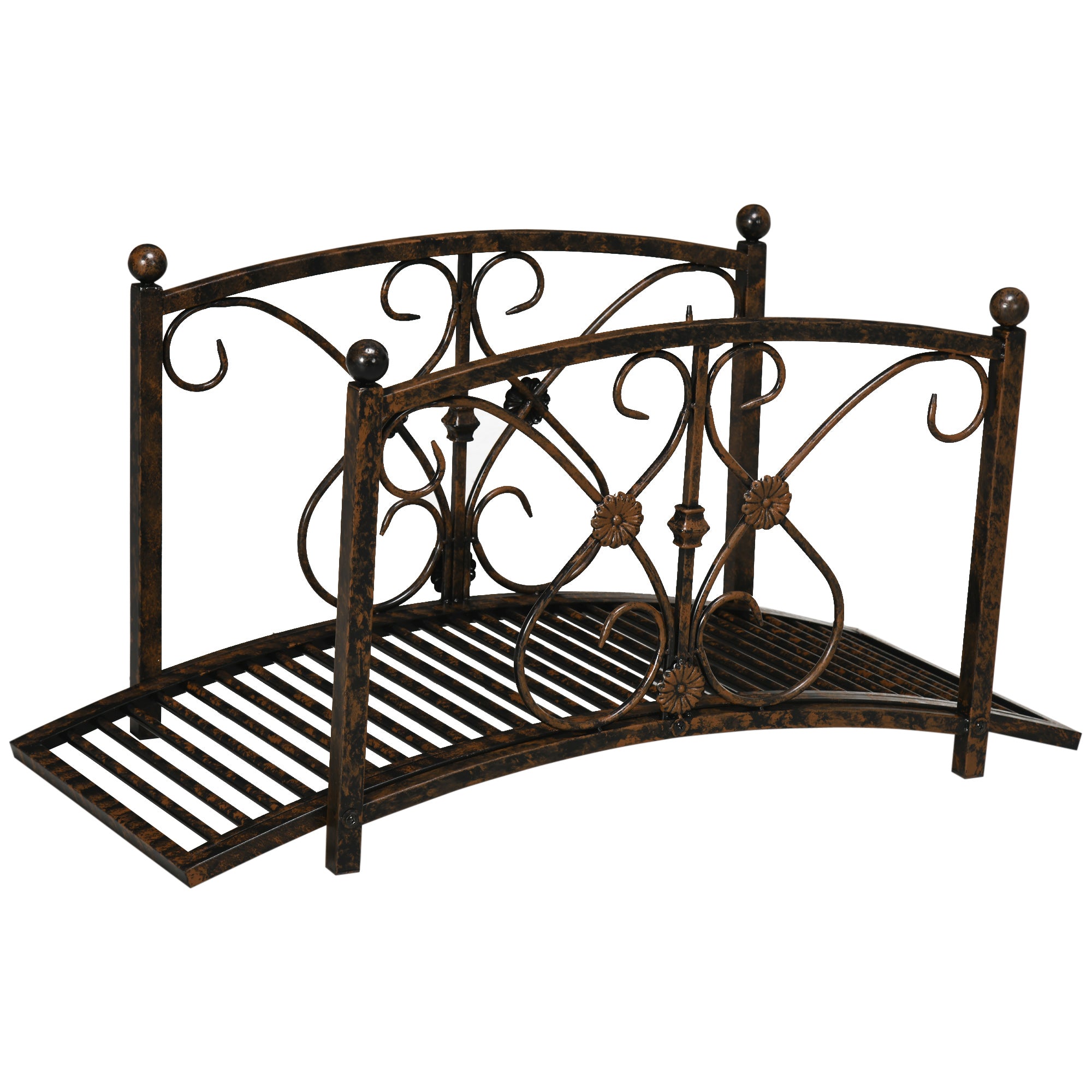 Outsunny 3.3FT Metal Arch Zen Garden Bridge with Safety Siderails, Decorative Footbridge, Delicate Floral Scrollwork for Stream, Fish Pond, Brown