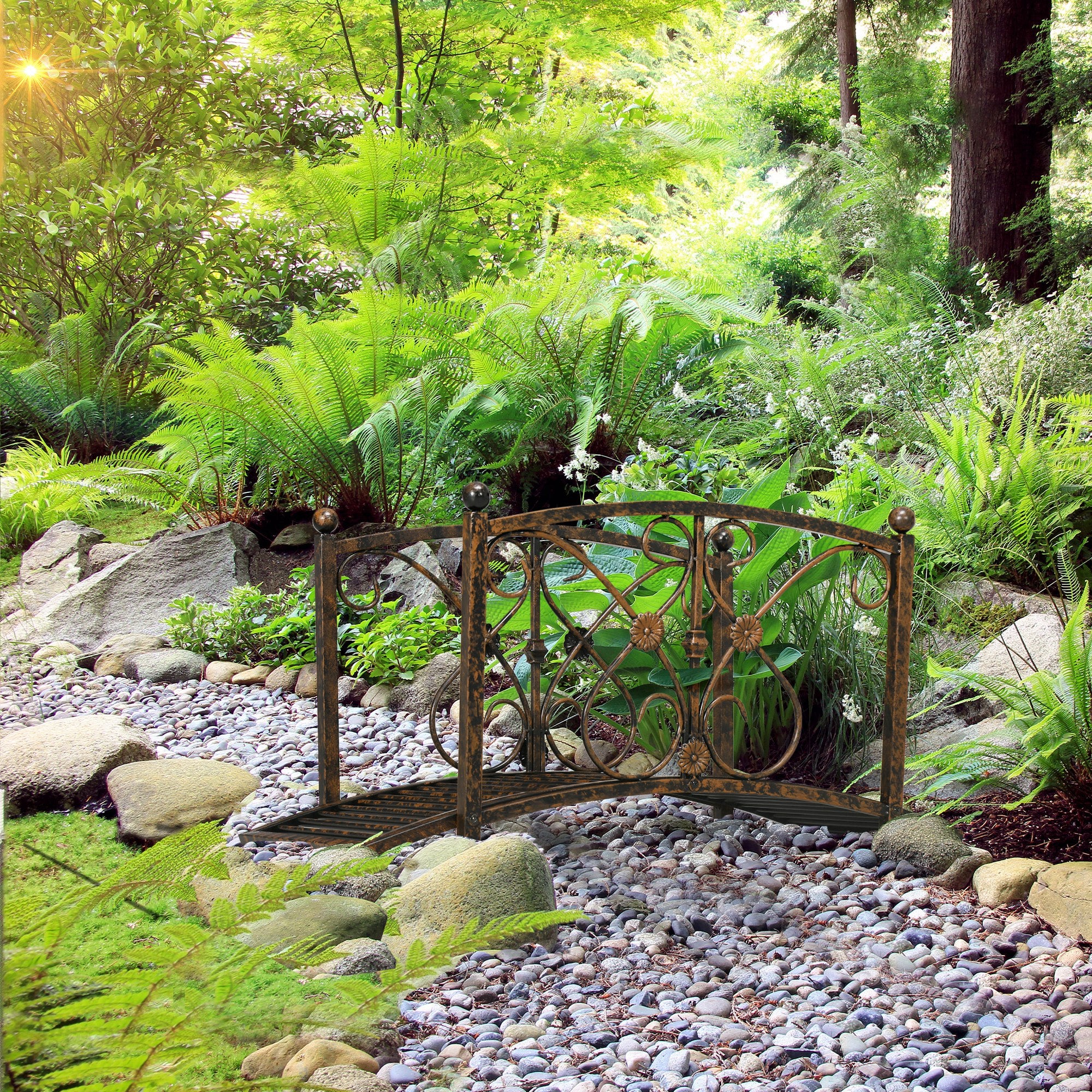 Outsunny 3.3FT Metal Arch Zen Garden Bridge with Safety Siderails, Decorative Footbridge, Delicate Floral Scrollwork for Stream, Fish Pond, Brown