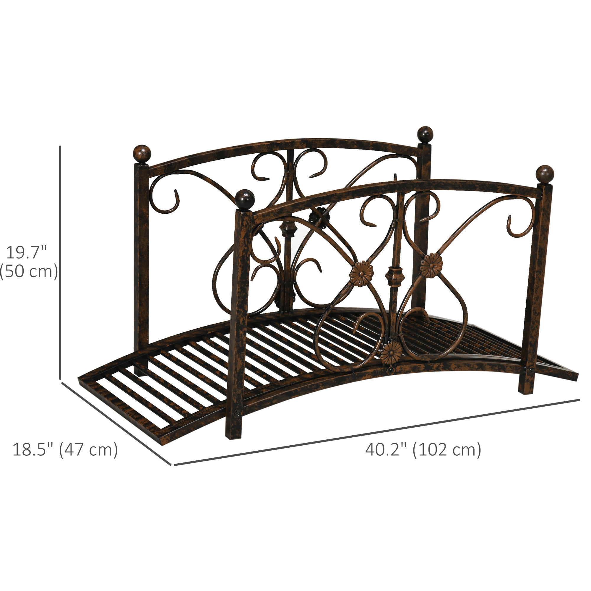 Outsunny 3.3FT Metal Arch Zen Garden Bridge with Safety Siderails, Decorative Footbridge, Delicate Floral Scrollwork for Stream, Fish Pond, Brown