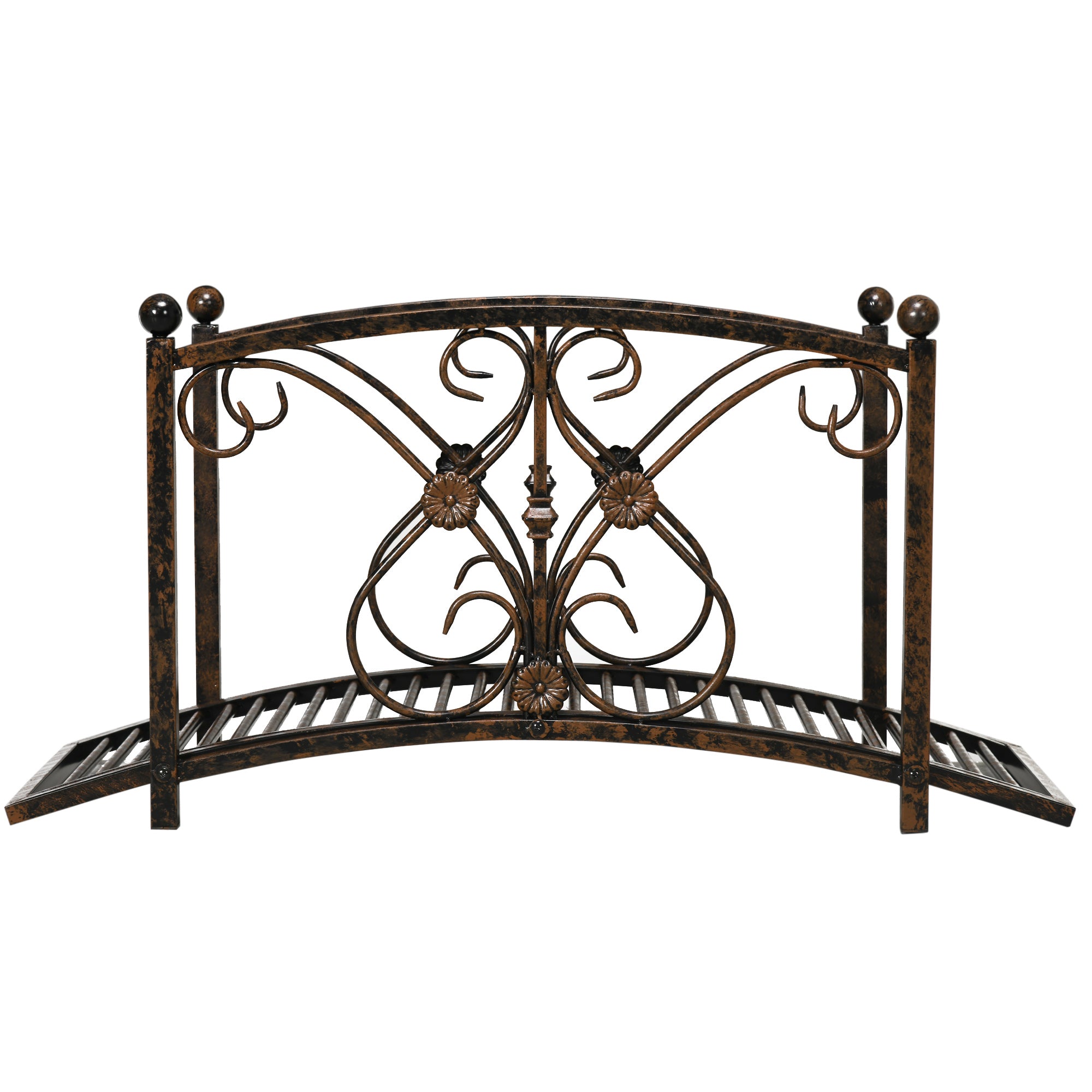 Outsunny 3.3FT Metal Arch Zen Garden Bridge with Safety Siderails, Decorative Footbridge, Delicate Floral Scrollwork for Stream, Fish Pond, Brown