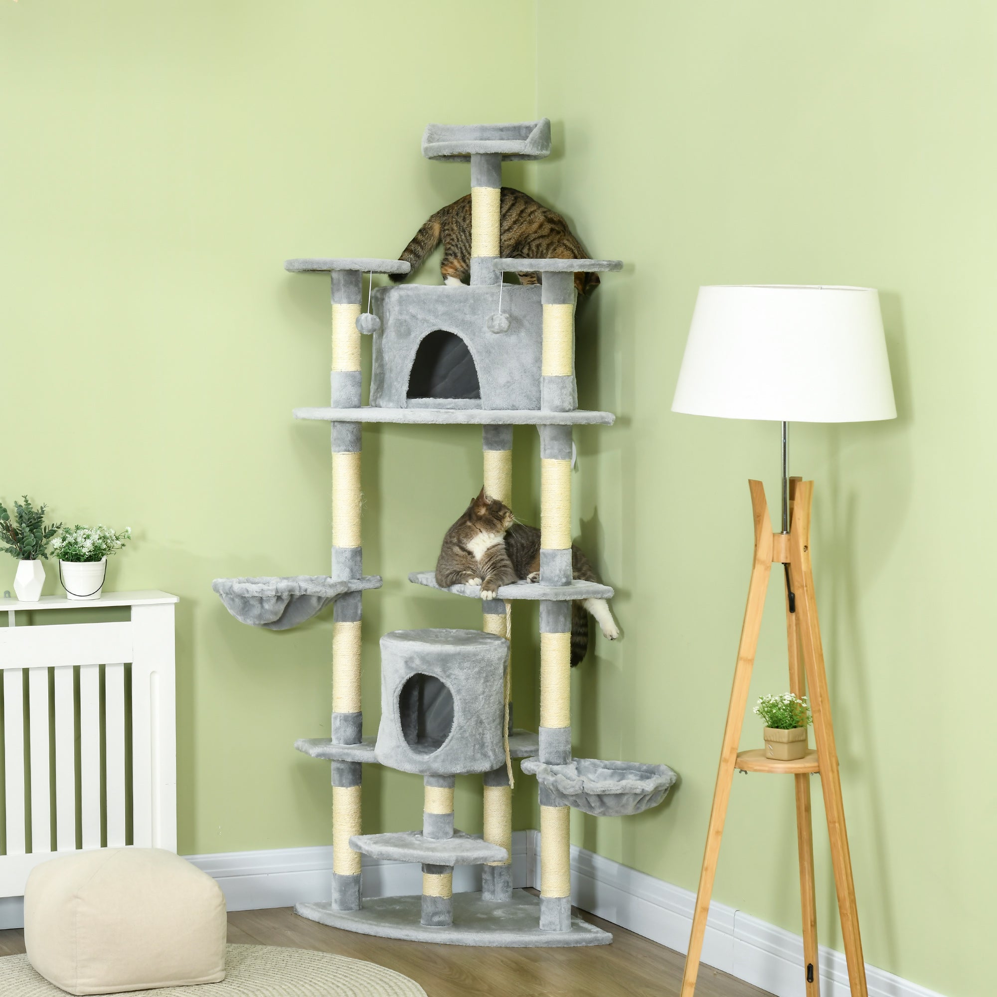 PawHut 79" Cat Tree Multi-Level with Two Condos, Kitty Tower with Scratching Posts, Two Hammocks, Perches, Interactive Toys, Dark Gray