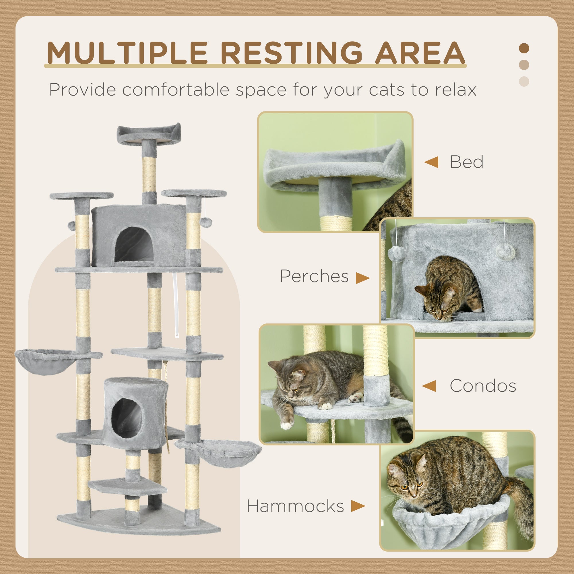 PawHut 79" Cat Tree Multi-Level with Two Condos, Kitty Tower with Scratching Posts, Two Hammocks, Perches, Interactive Toys, Dark Gray