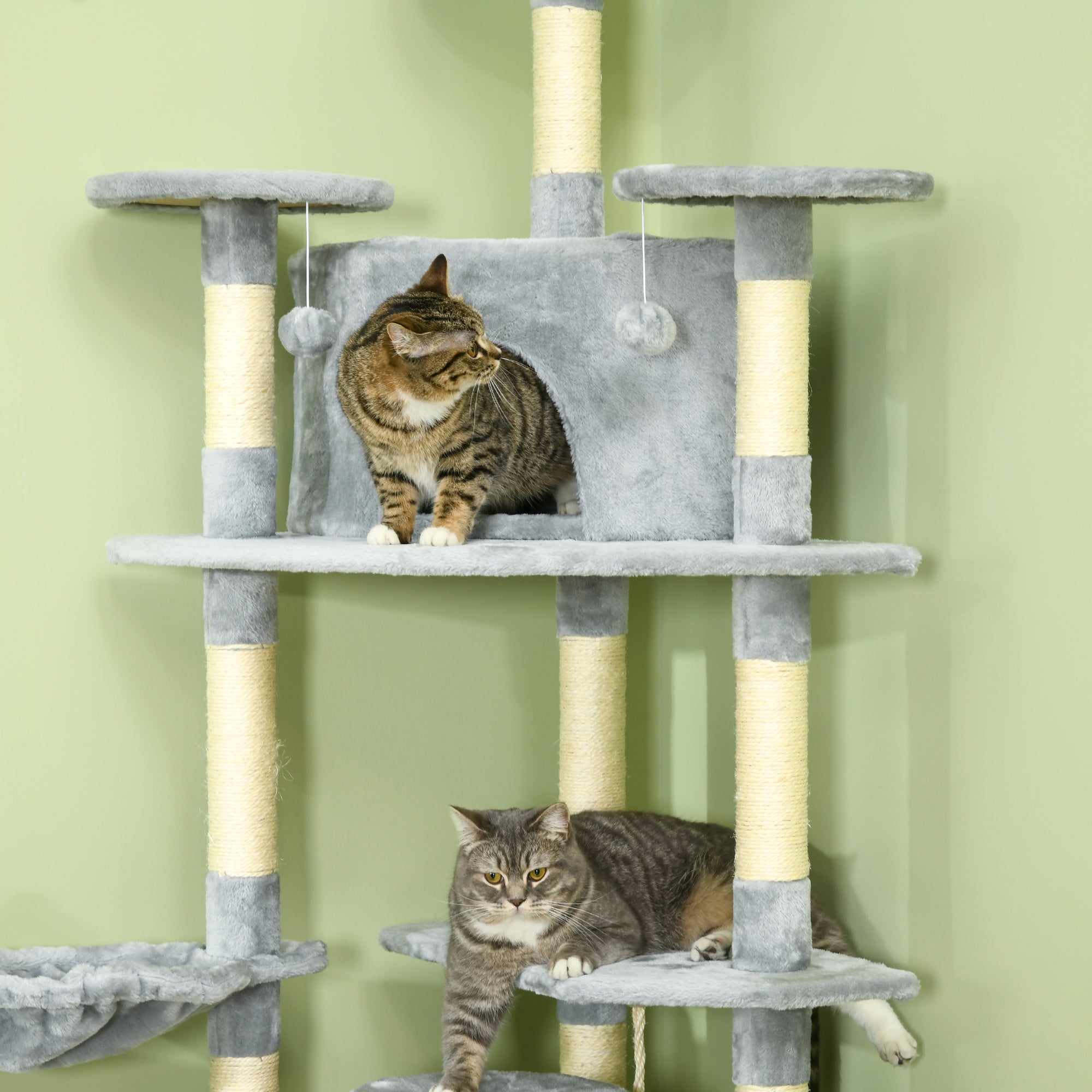 PawHut 79" Cat Tree Multi-Level with Two Condos, Kitty Tower with Scratching Posts, Two Hammocks, Perches, Interactive Toys, Dark Gray