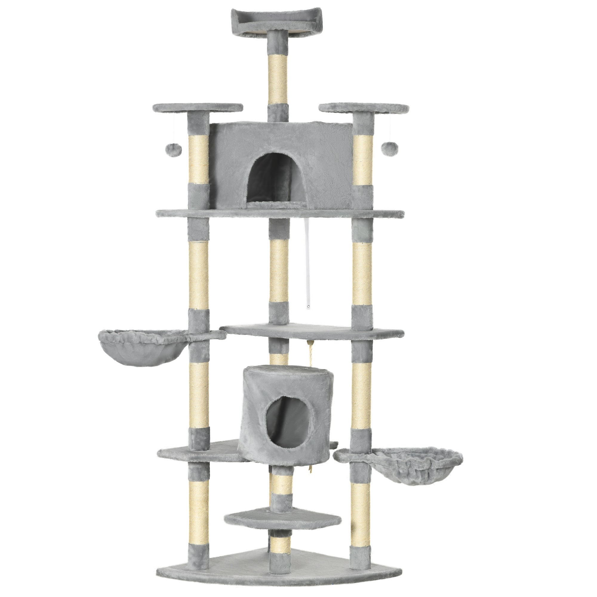 PawHut 79" Cat Tree Multi-Level with Two Condos, Kitty Tower with Scratching Posts, Two Hammocks, Perches, Interactive Toys, Dark Gray