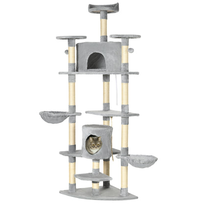 PawHut 79" Cat Tree Multi-Level with Two Condos, Kitty Tower with Scratching Posts, Two Hammocks, Perches, Interactive Toys, Dark Gray