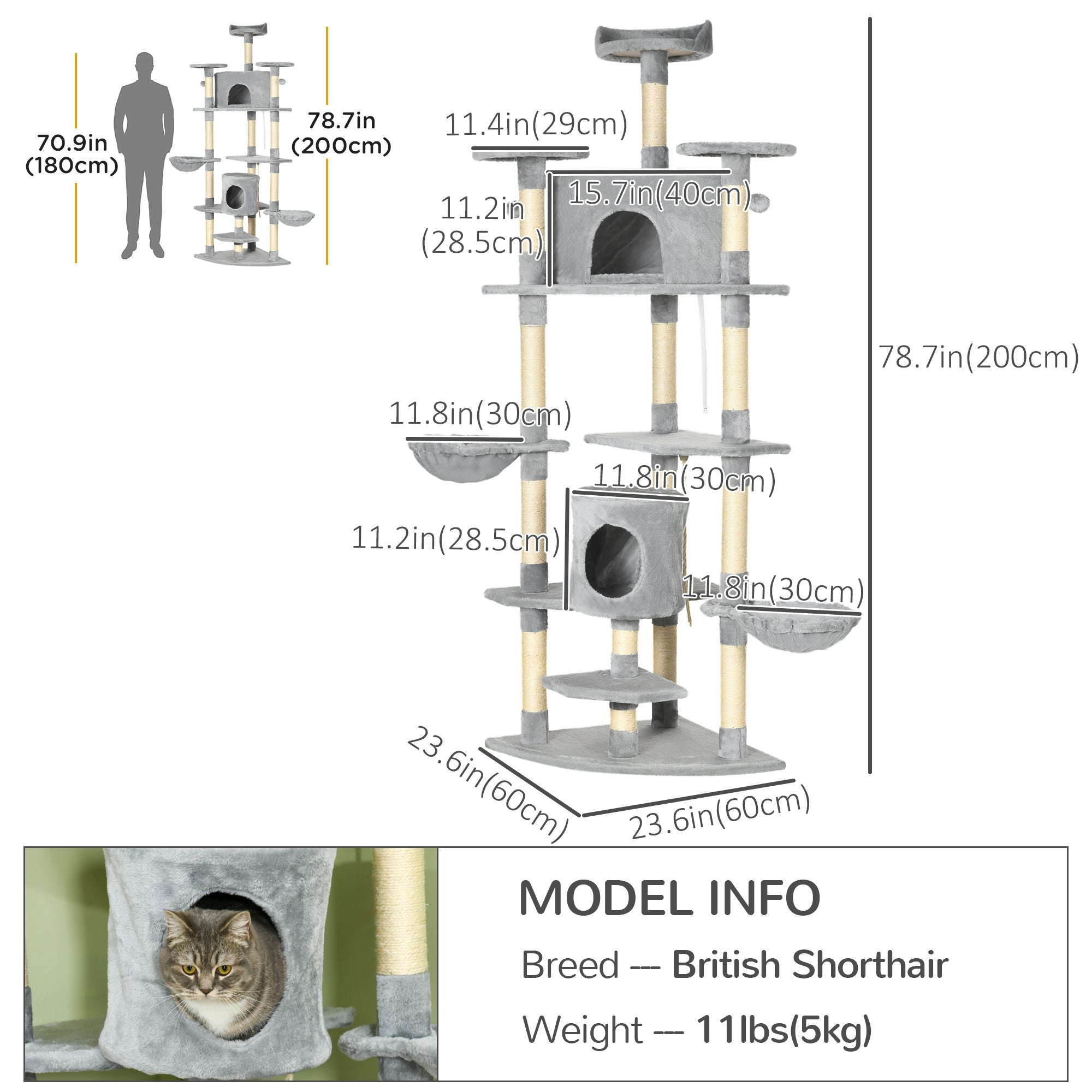 PawHut 79" Cat Tree Multi-Level with Two Condos, Kitty Tower with Scratching Posts, Two Hammocks, Perches, Interactive Toys, Dark Gray