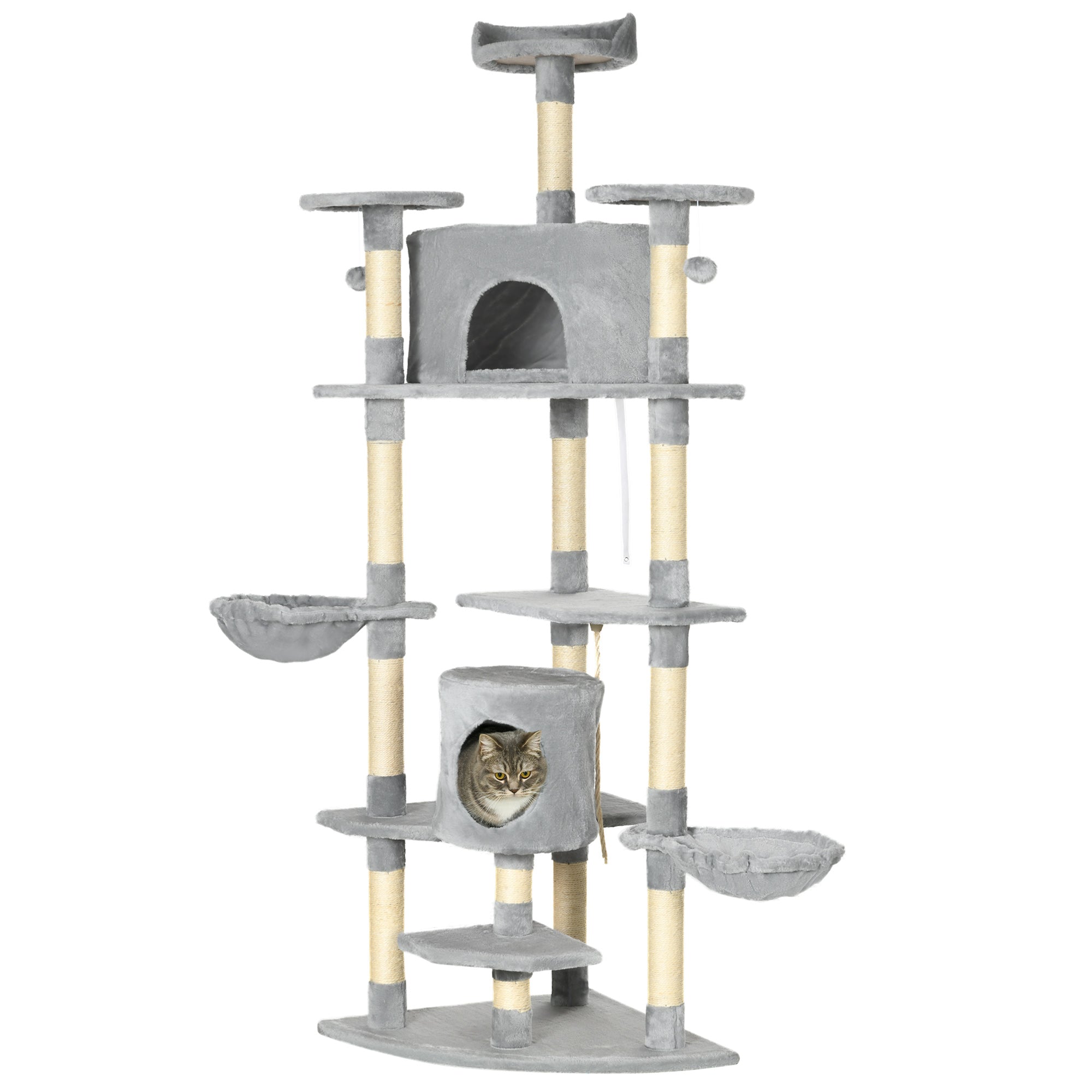 PawHut 79" Cat Tree Multi-Level with Two Condos, Kitty Tower with Scratching Posts, Two Hammocks, Perches, Interactive Toys, Dark Gray