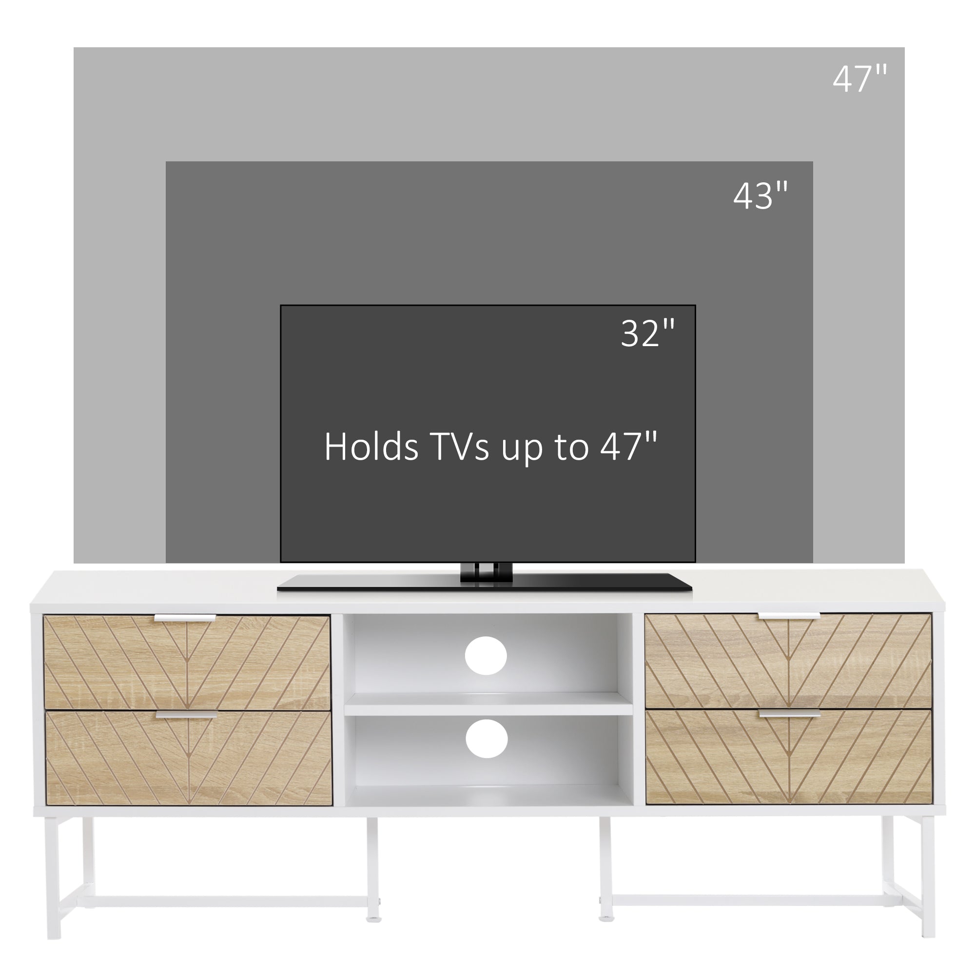 HOMCOM Modern TV Stand for TVs up to 47 inches, Media Console Table with Open Storage Shelves and Drawers for Living Room, White