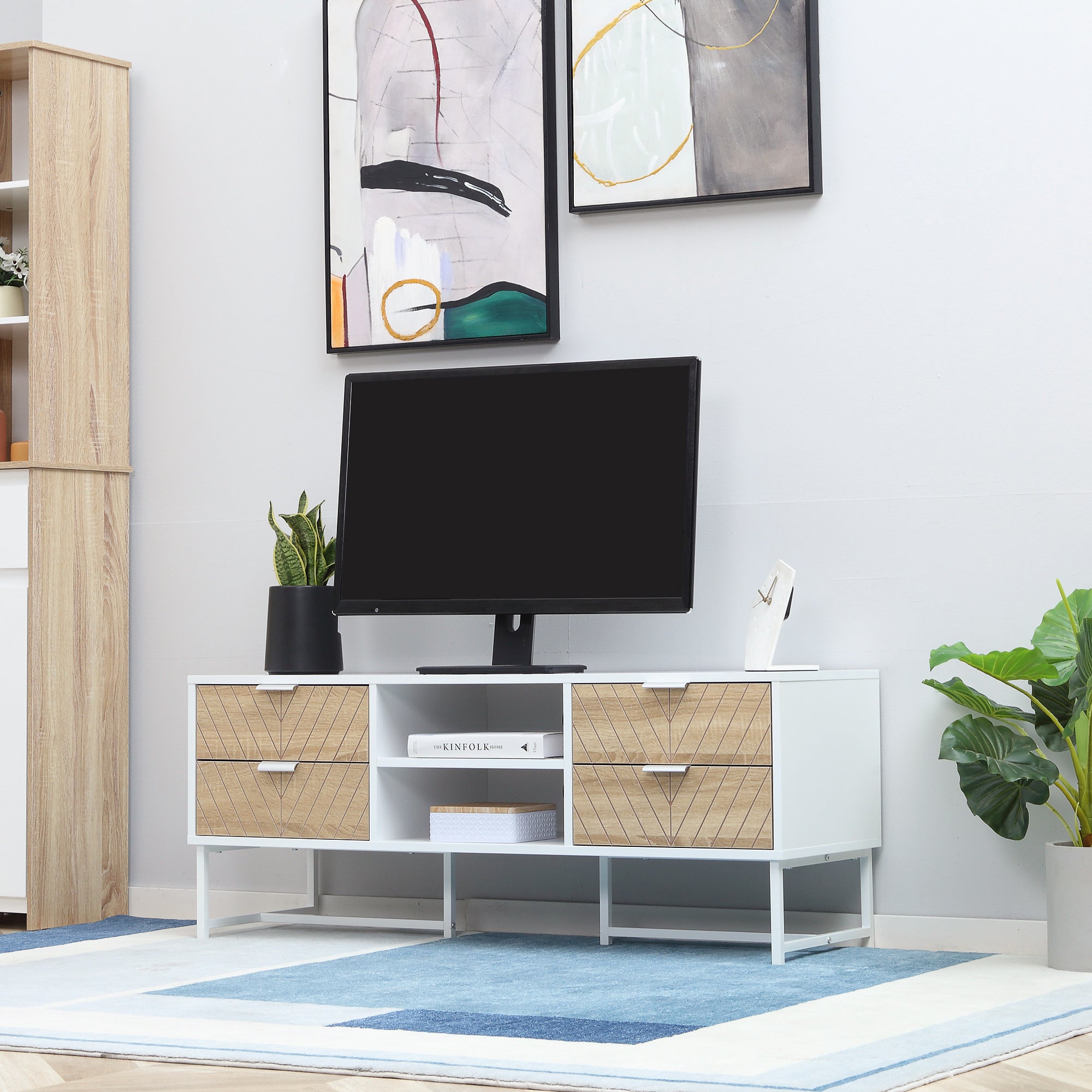 HOMCOM Modern TV Stand for TVs up to 47 inches, Media Console Table with Open Storage Shelves and Drawers for Living Room, White