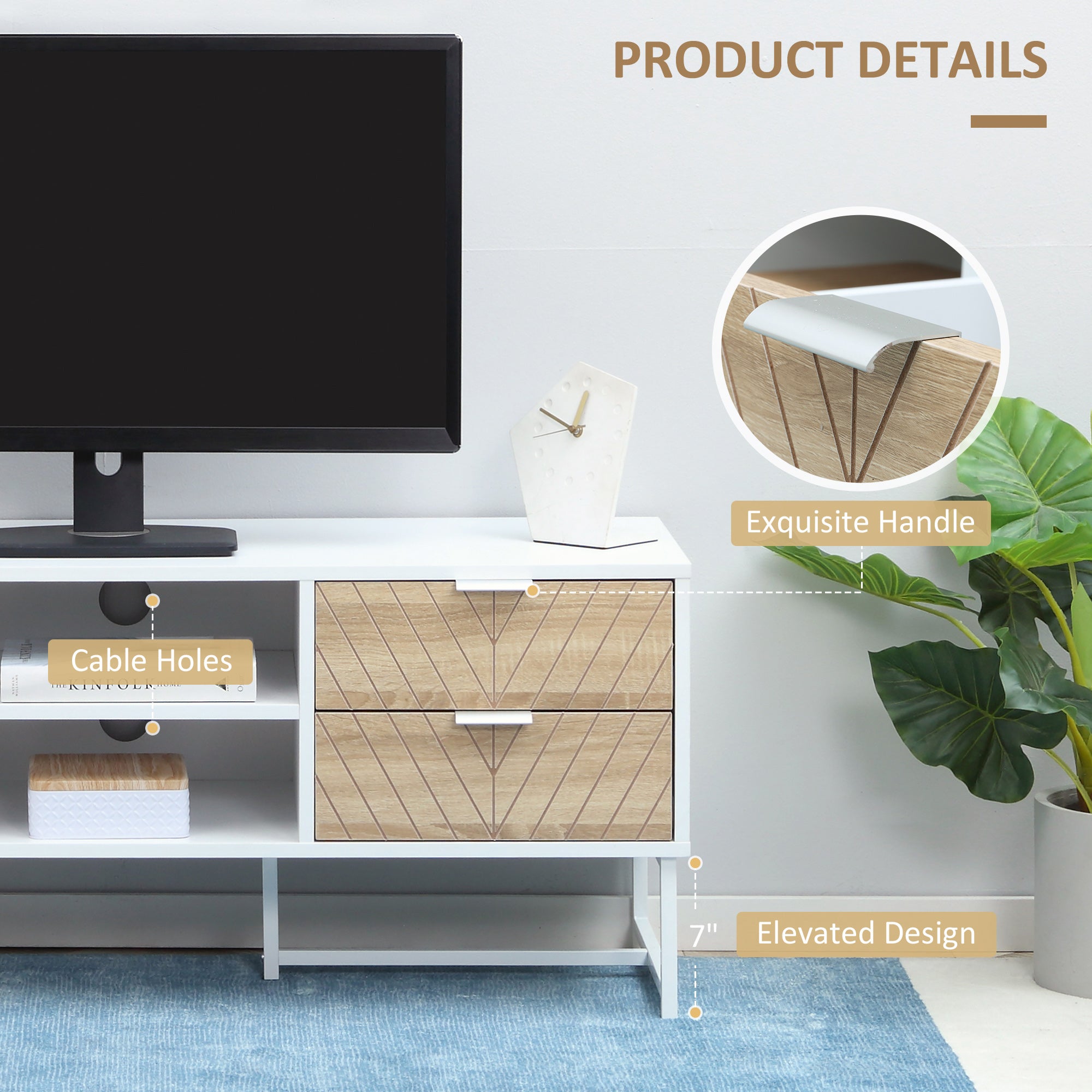 HOMCOM Modern TV Stand for TVs up to 47 inches, Media Console Table with Open Storage Shelves and Drawers for Living Room, White
