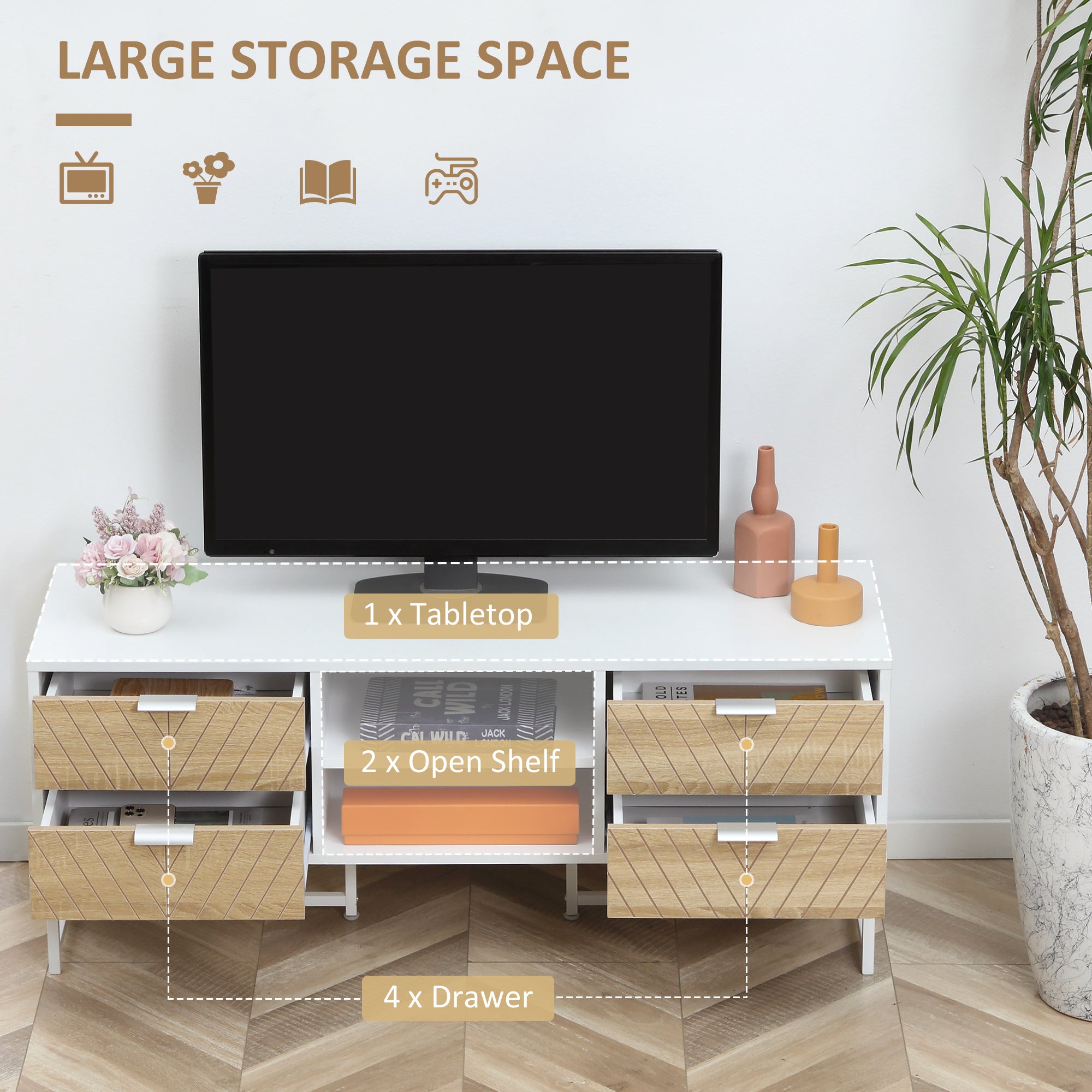 HOMCOM Modern TV Stand for TVs up to 47 inches, Media Console Table with Open Storage Shelves and Drawers for Living Room, White