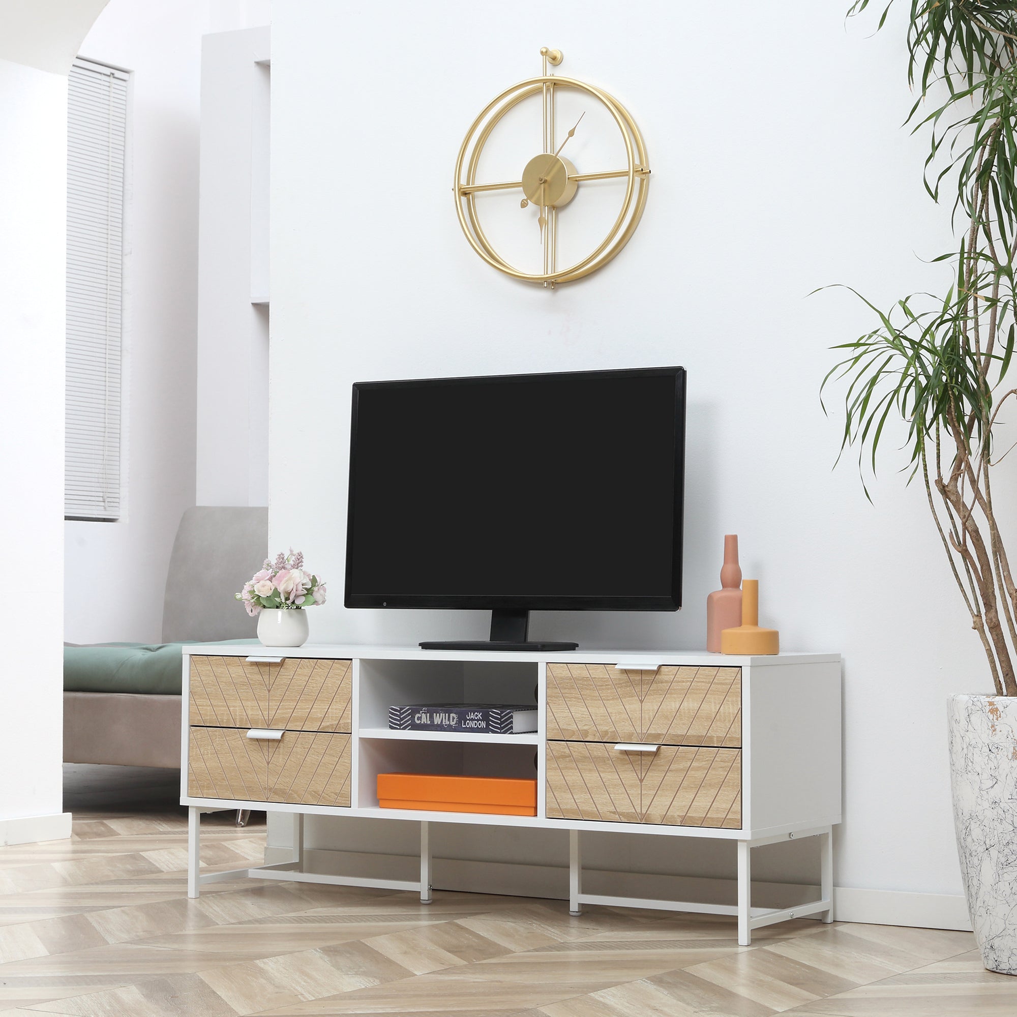 HOMCOM Modern TV Stand for TVs up to 47 inches, Media Console Table with Open Storage Shelves and Drawers for Living Room, White