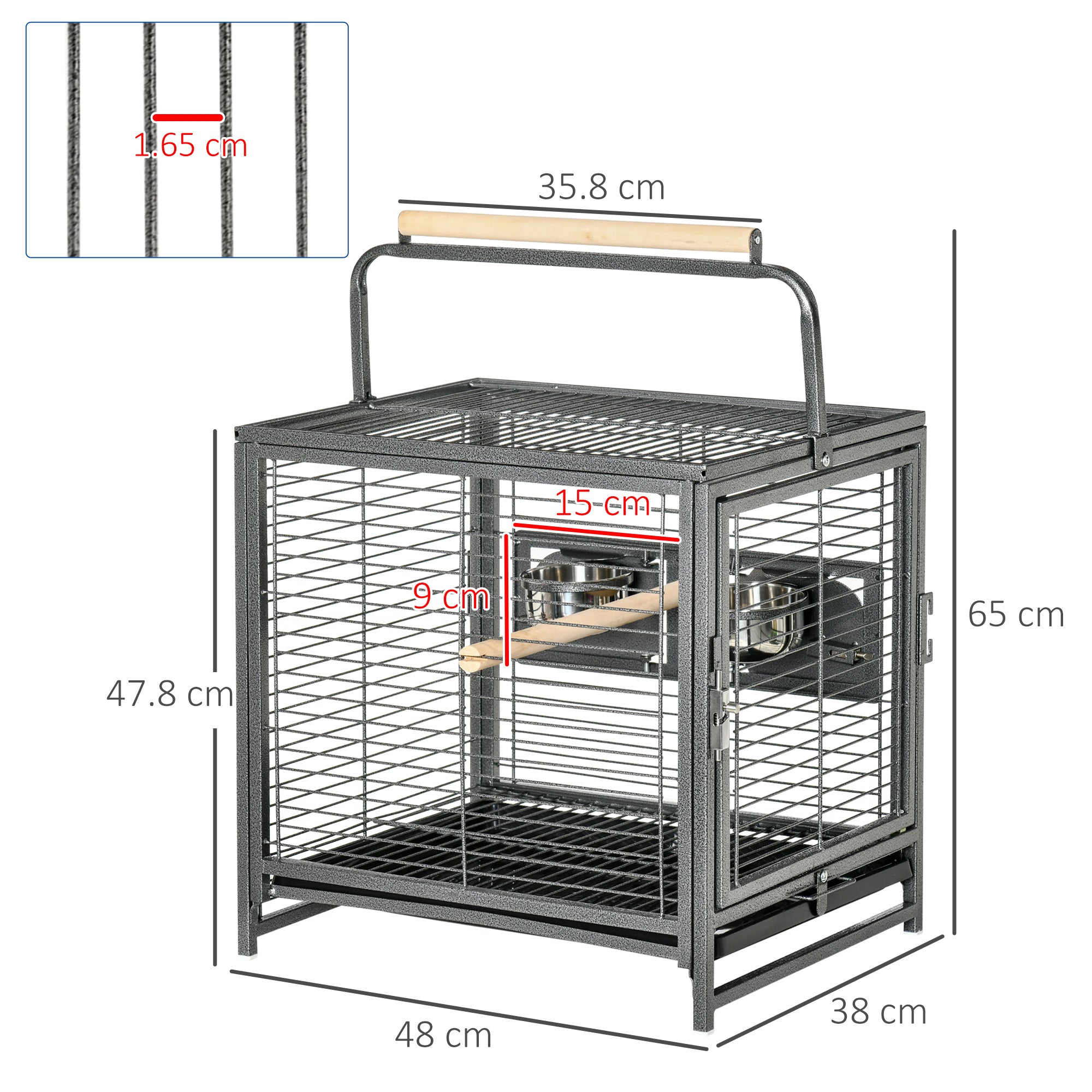 PawHut Bird Cage Budgie Cage for Budgie, Lovebirds, Green Cheek Canary, Parakeet, Cockatiel, Travel Breeding Cage w/ Wooden Perch Handle, 48 x 38 x 65 cm