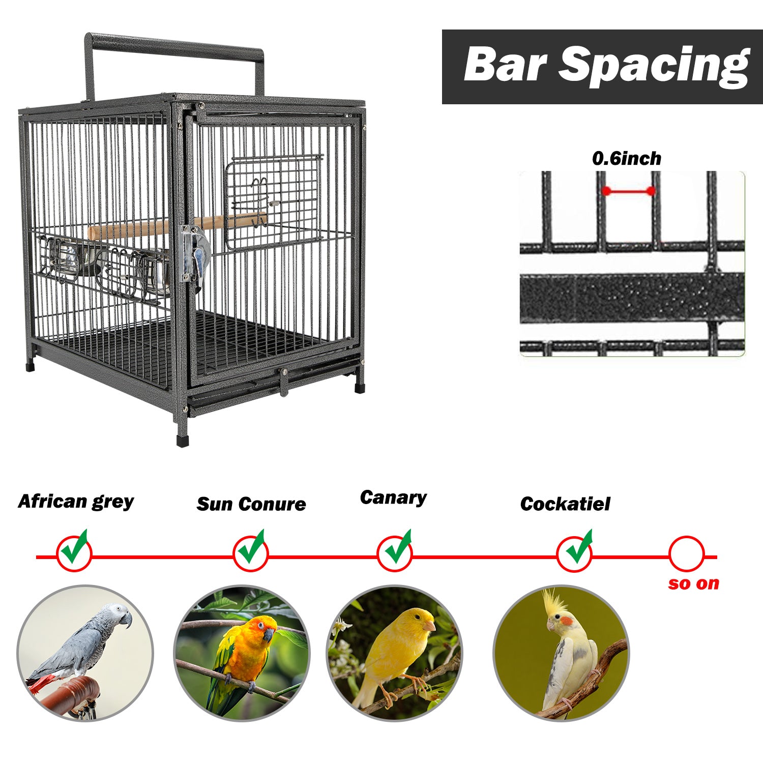 PawHut 22" Bird Carrier Cage Parrot Macaw Travel Cage Portable Elevated Aviary House with Feeding Bowls