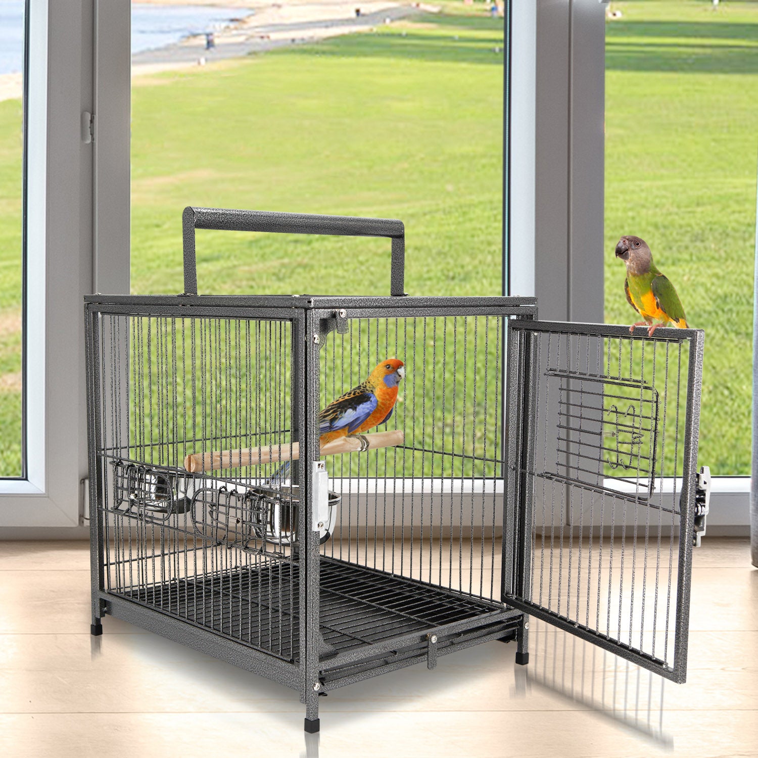 PawHut 22" Bird Carrier Cage Parrot Macaw Travel Cage Portable Elevated Aviary House with Feeding Bowls