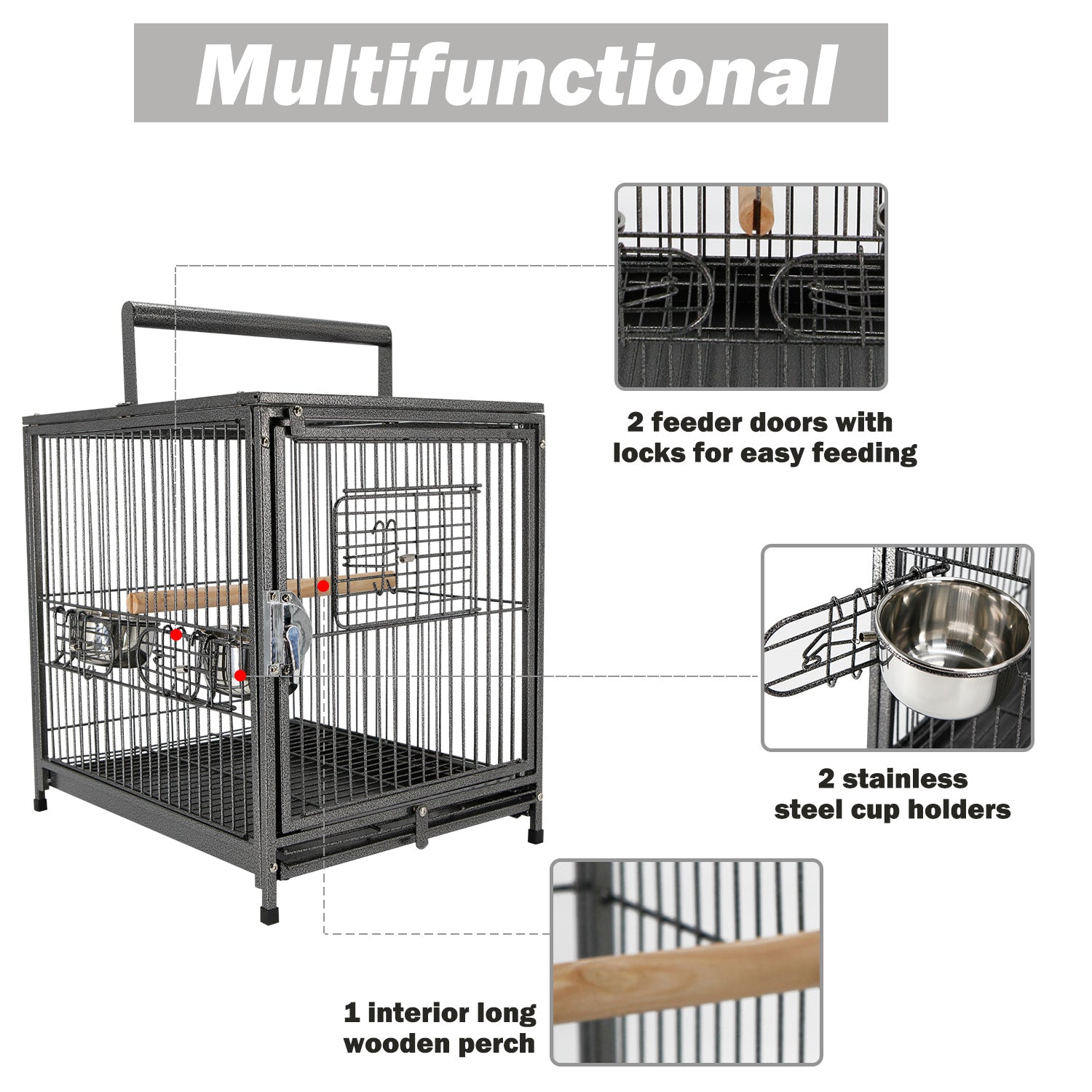 PawHut 22" Bird Carrier Cage Parrot Macaw Travel Cage Portable Elevated Aviary House with Feeding Bowls