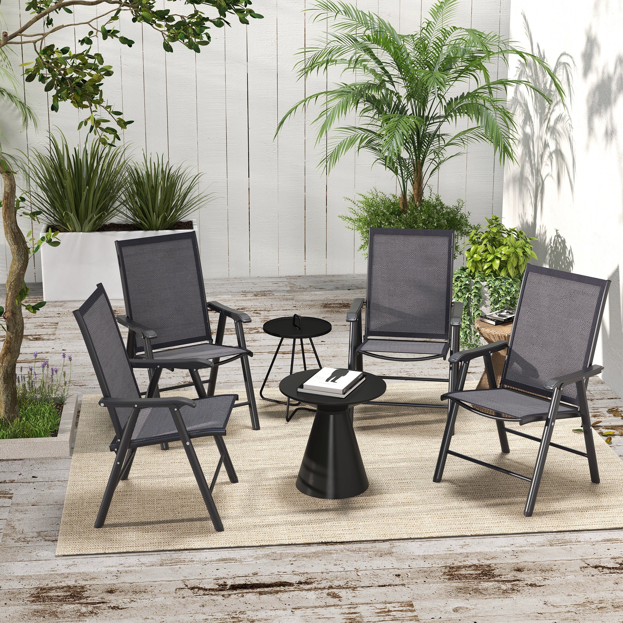 Outsunny 4-Piece Folding Dining Chair Set for Relaxing on Patio, Balcony, or Garden, Comfortable Outdoor Furniture with Armrests, Dark Grey