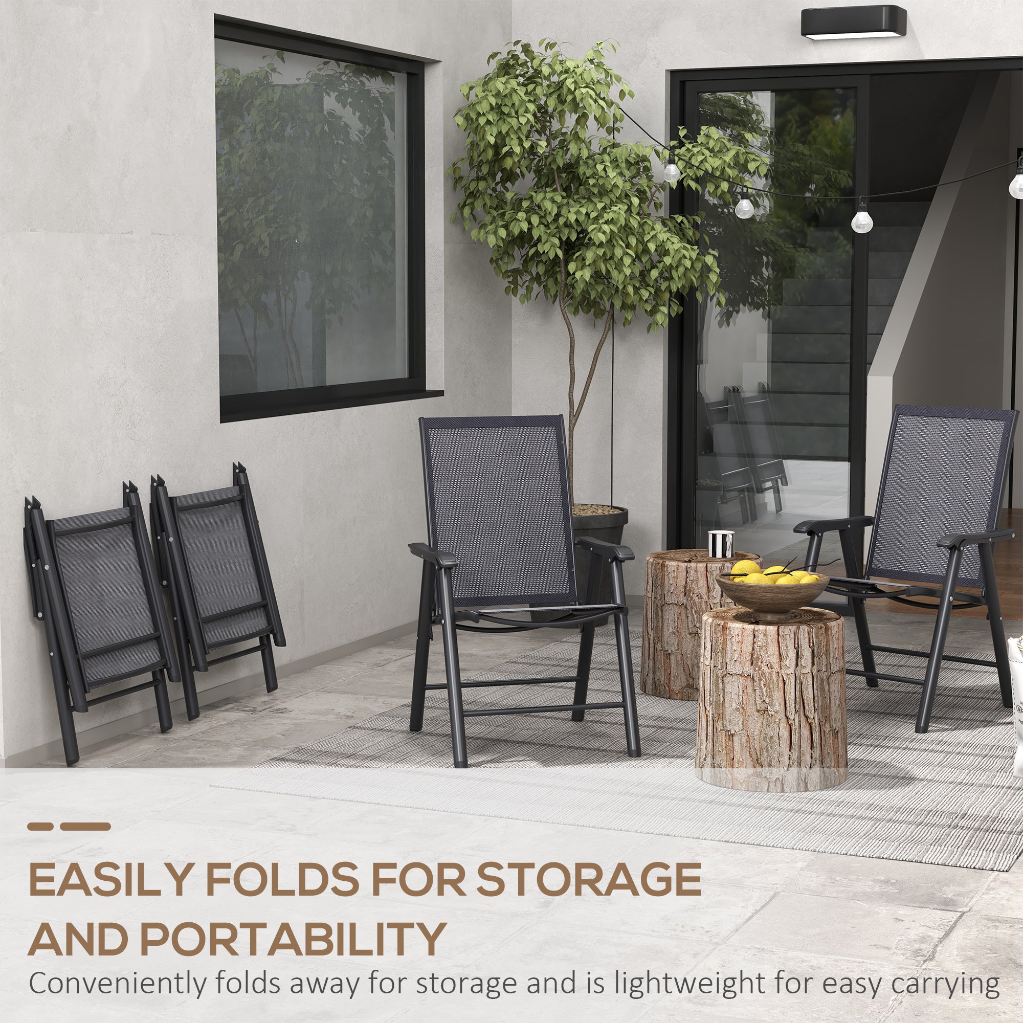 Outsunny 4-Piece Folding Dining Chair Set for Relaxing on Patio, Balcony, or Garden, Comfortable Outdoor Furniture with Armrests, Dark Grey