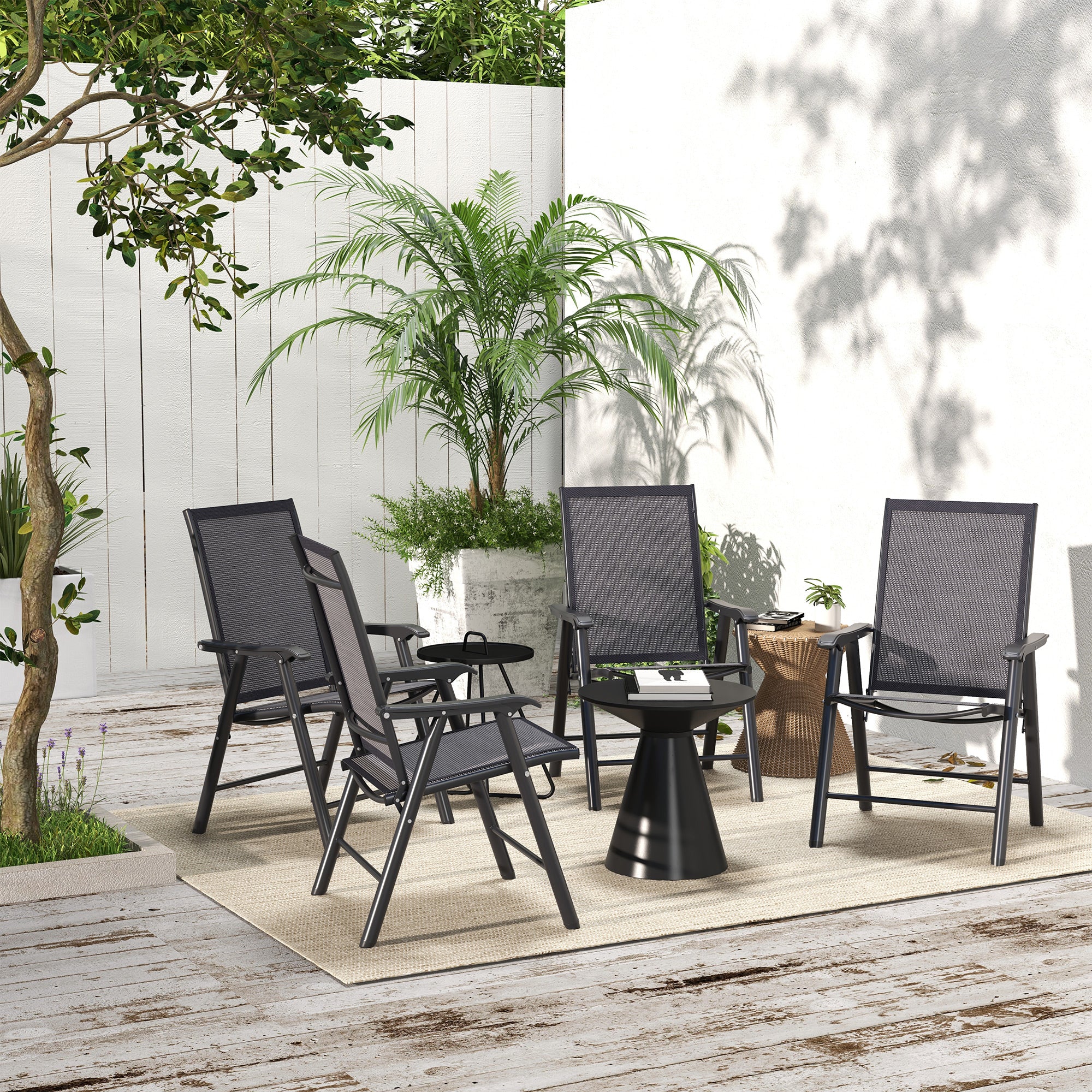 Outsunny 4-Piece Folding Dining Chair Set for Relaxing on Patio, Balcony, or Garden, Comfortable Outdoor Furniture with Armrests, Dark Grey
