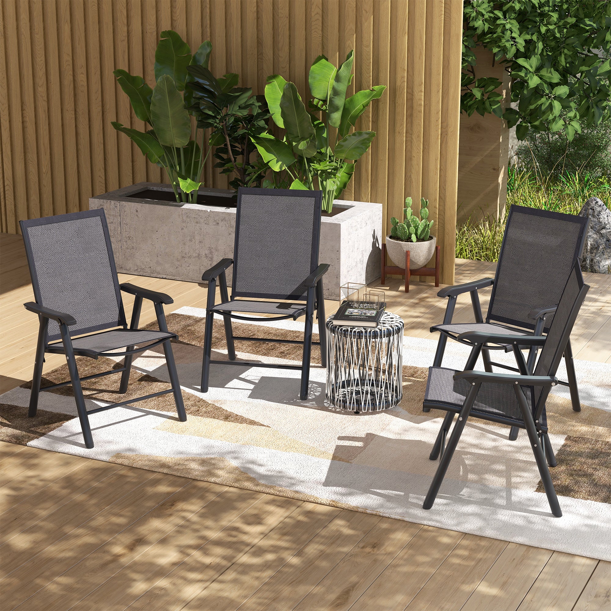 Outsunny 4-Piece Folding Dining Chair Set for Relaxing on Patio, Balcony, or Garden, Comfortable Outdoor Furniture with Armrests, Dark Grey