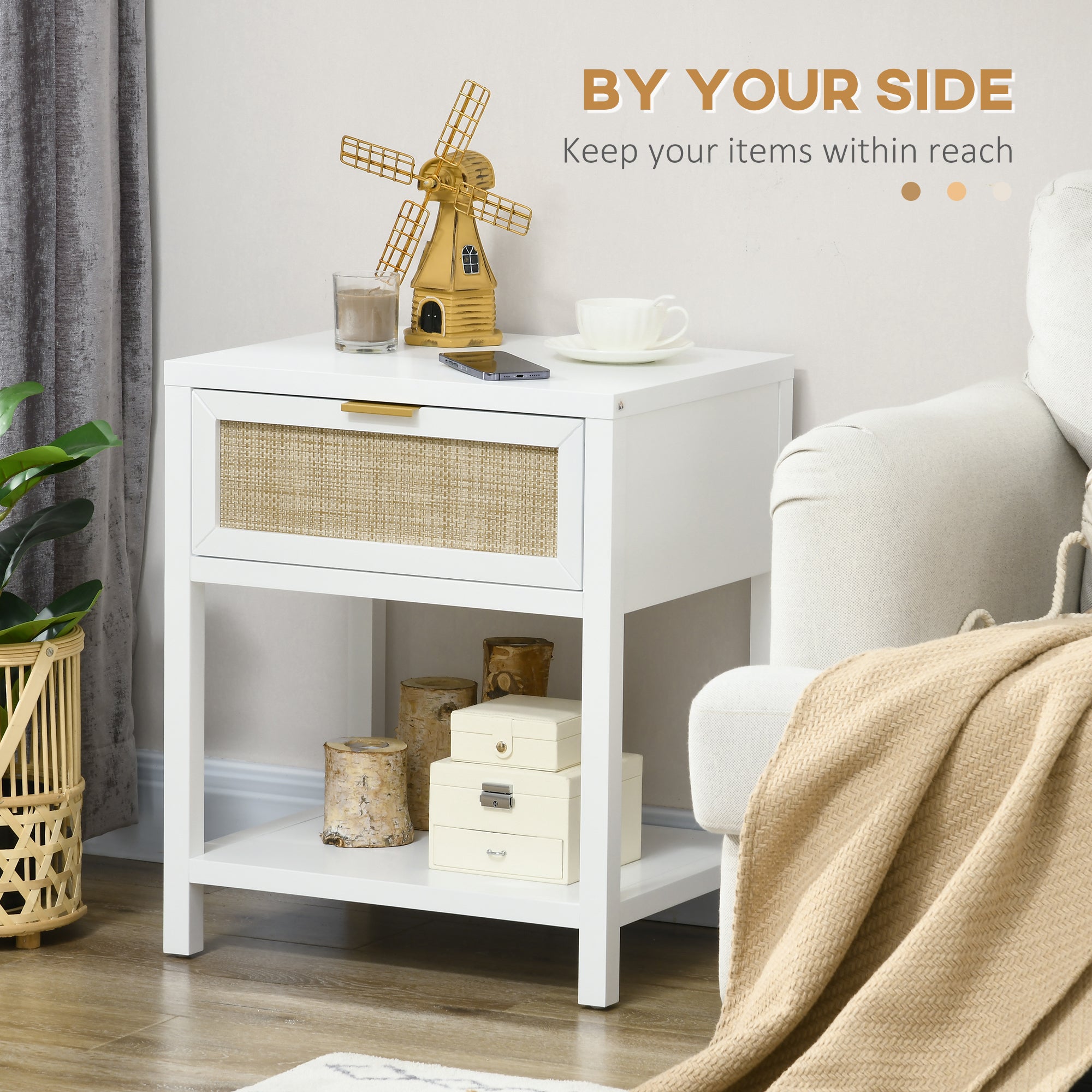 HOMCOM Bedside Table, Boho Nightstand with Drawer, Open Shelf and Rattan Element, Small Side Table for Bedroom, White
