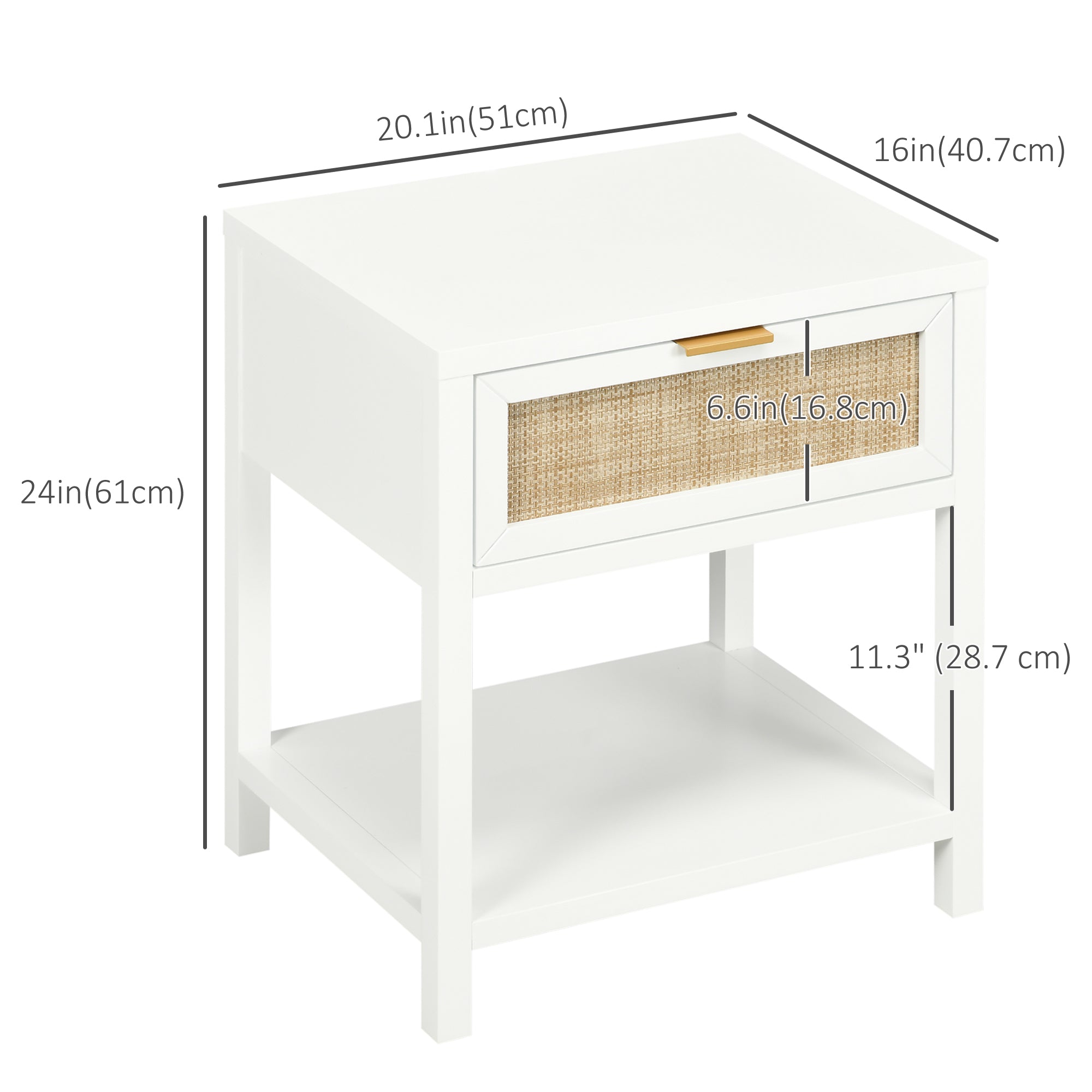 HOMCOM Bedside Table, Boho Nightstand with Drawer, Open Shelf and Rattan Element, Small Side Table for Bedroom, White