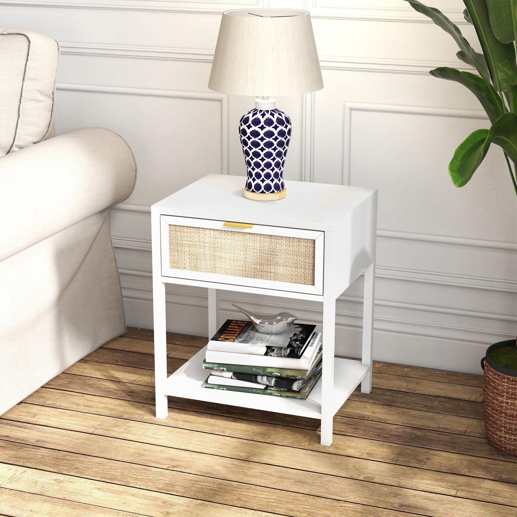 HOMCOM Bedside Table, Boho Nightstand with Drawer, Open Shelf and Rattan Element, Small Side Table for Bedroom, White