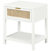 HOMCOM Bedside Table, Boho Nightstand with Drawer, Open Shelf and Rattan Element, Small Side Table for Bedroom, White
