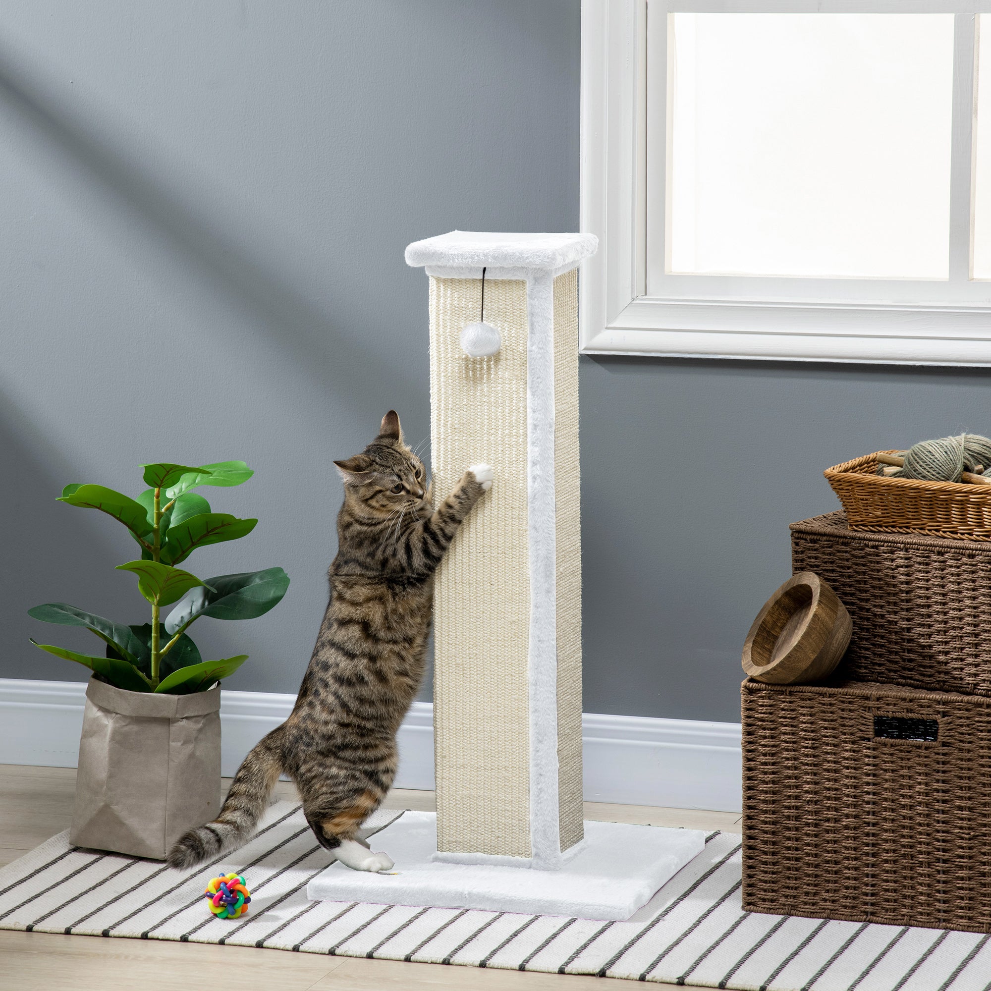 PawHut Cat Scratching Post for Indoor Cats, 81cm Cat Scratcher, Vertical Full Scratcher with Natural Sisal Rope, Hanging Ball and Soft Plush, White