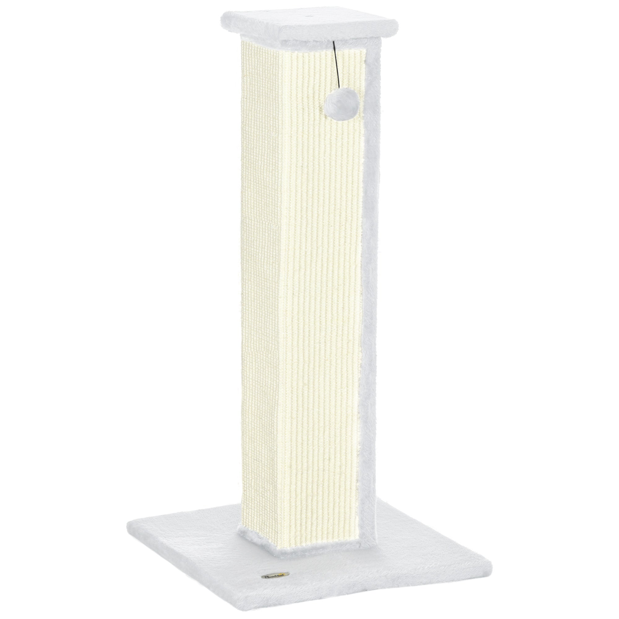 PawHut Cat Scratching Post for Indoor Cats, 81cm Cat Scratcher, Vertical Full Scratcher with Natural Sisal Rope, Hanging Ball and Soft Plush, White