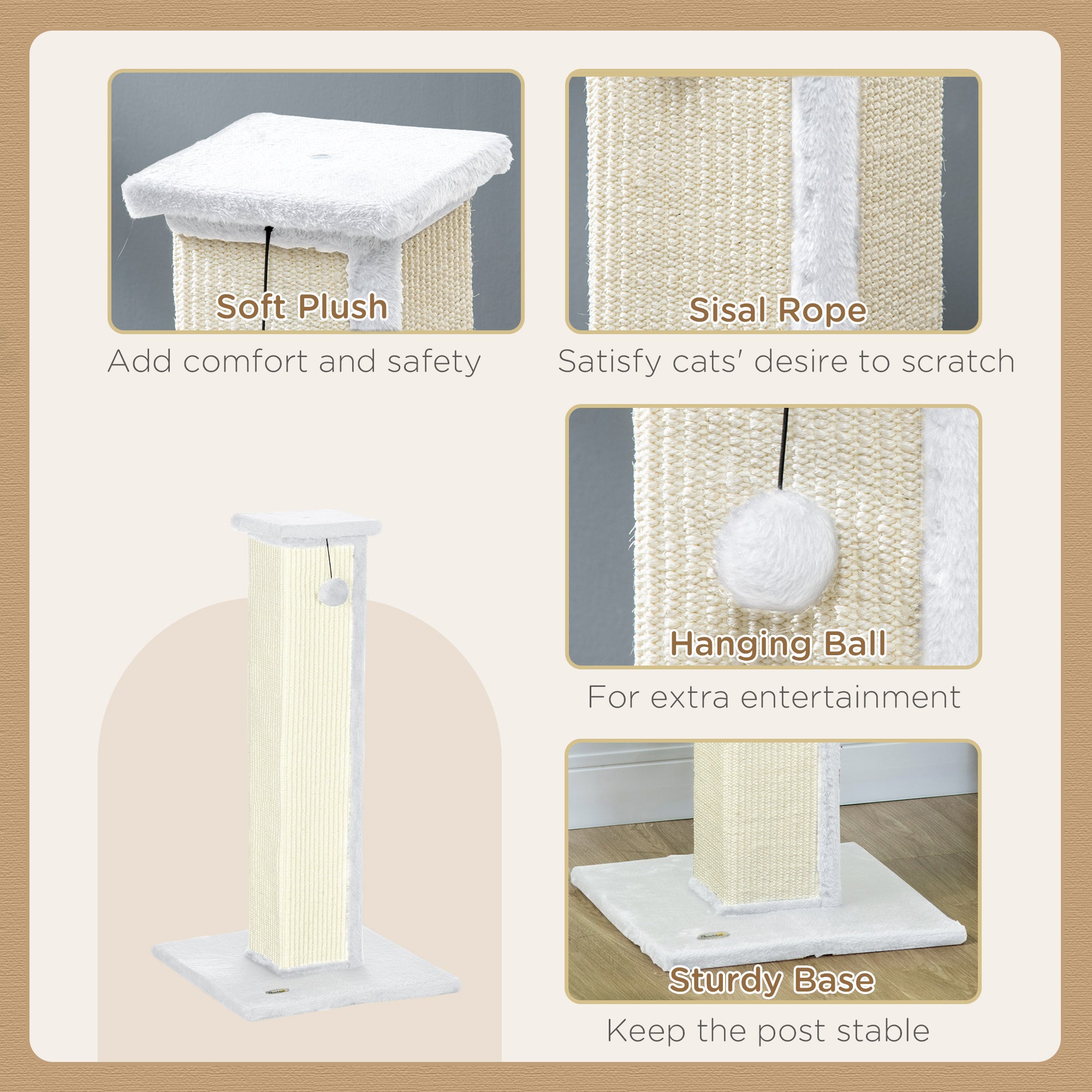 PawHut Cat Scratching Post for Indoor Cats, 81cm Cat Scratcher, Vertical Full Scratcher with Natural Sisal Rope, Hanging Ball and Soft Plush, White