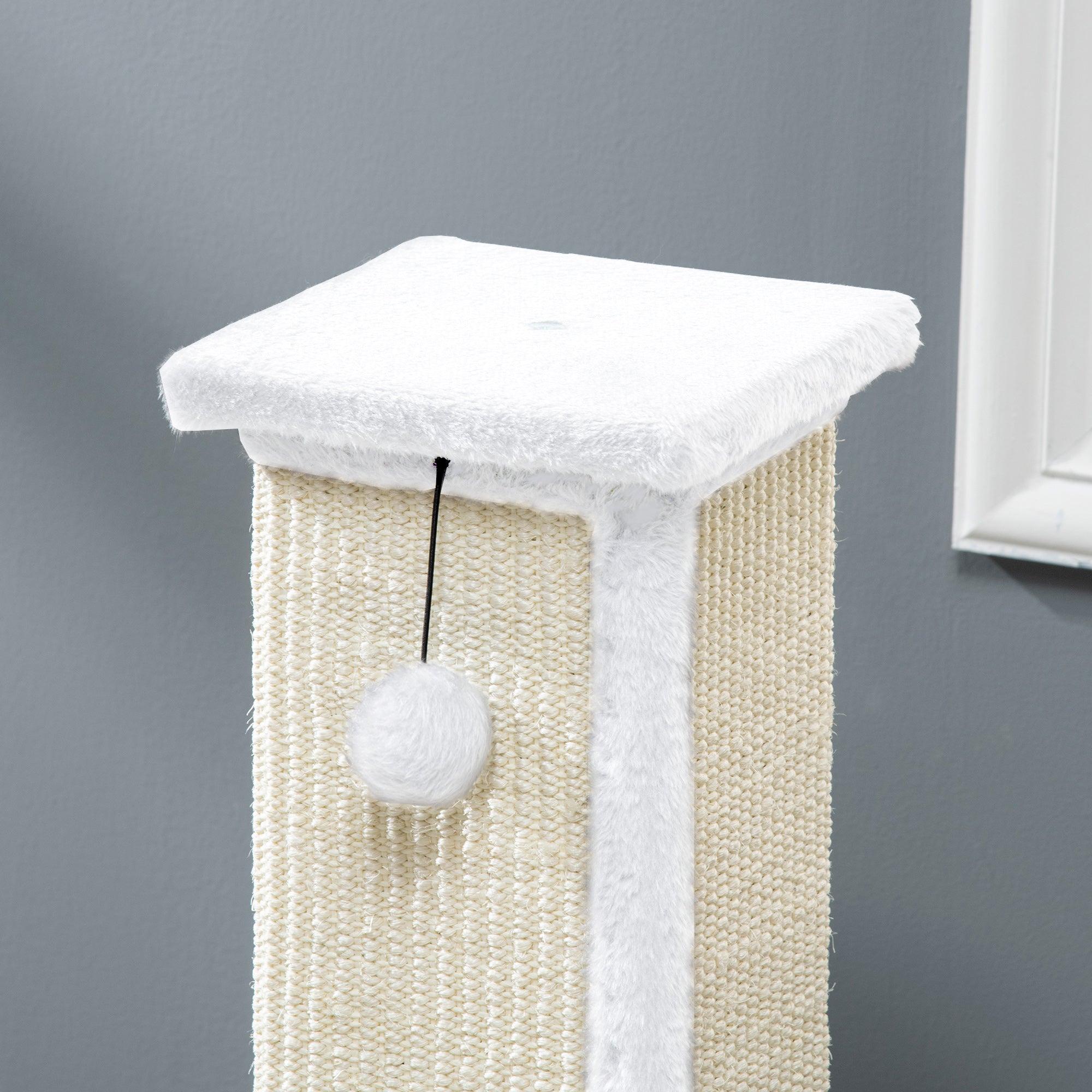 PawHut Cat Scratching Post for Indoor Cats, 81cm Cat Scratcher, Vertical Full Scratcher with Natural Sisal Rope, Hanging Ball and Soft Plush, White