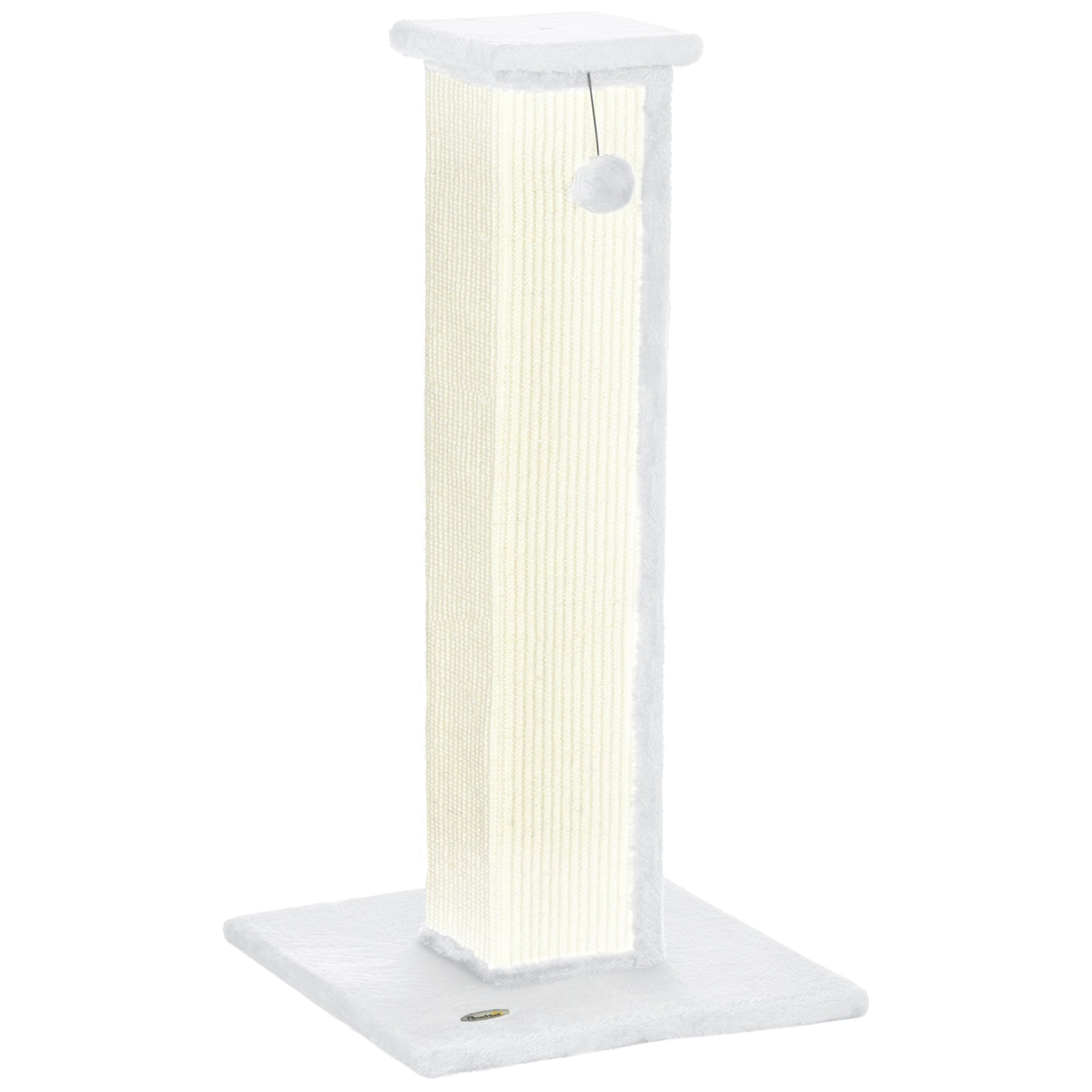 PawHut Cat Scratching Post for Indoor Cats, 81cm Cat Scratcher, Vertical Full Scratcher with Natural Sisal Rope, Hanging Ball and Soft Plush, White