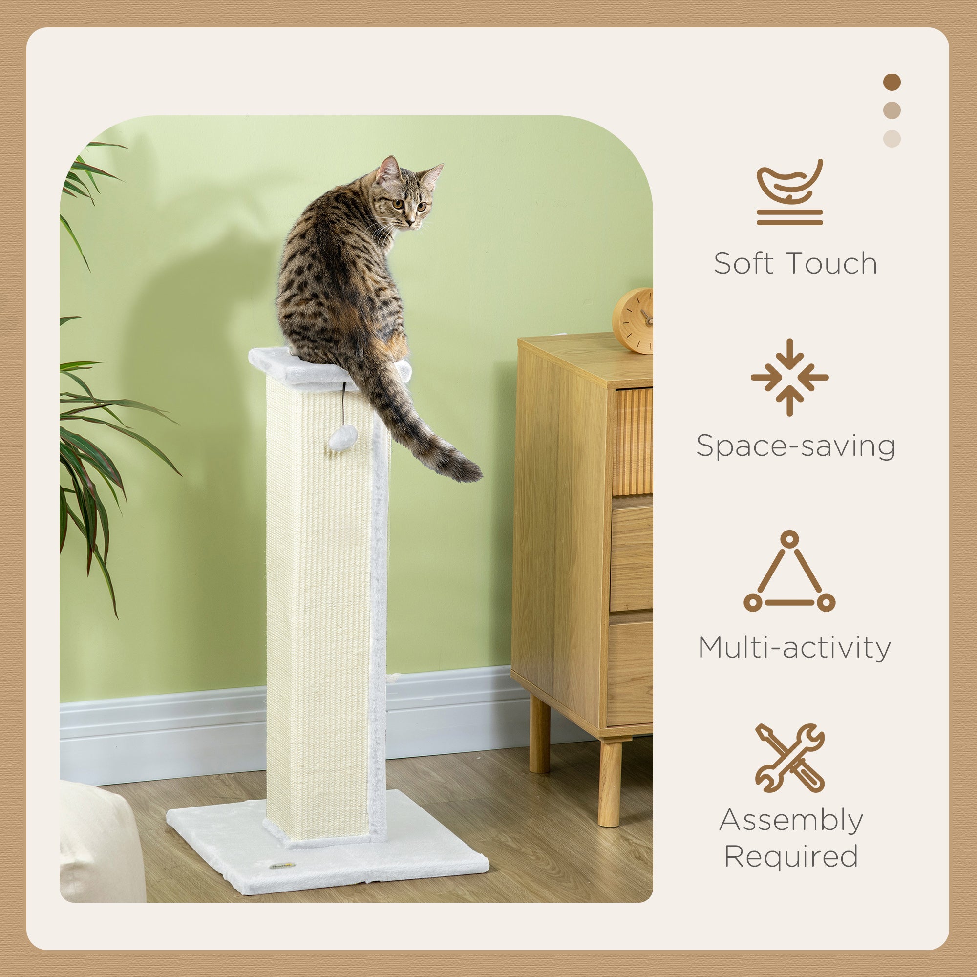 PawHut Cat Scratching Post for Indoor Cats, 81cm Cat Scratcher, Vertical Full Scratcher with Natural Sisal Rope, Hanging Ball and Soft Plush, White