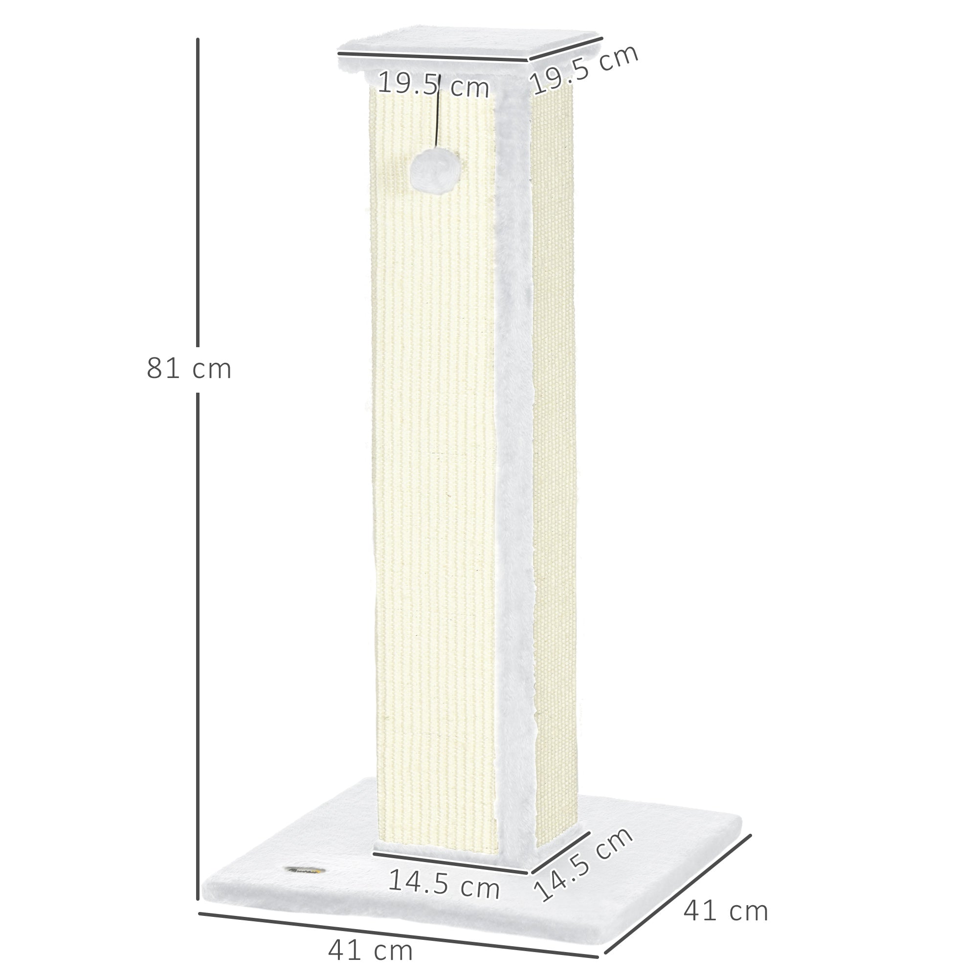 PawHut Cat Scratching Post for Indoor Cats, 81cm Cat Scratcher, Vertical Full Scratcher with Natural Sisal Rope, Hanging Ball and Soft Plush, White