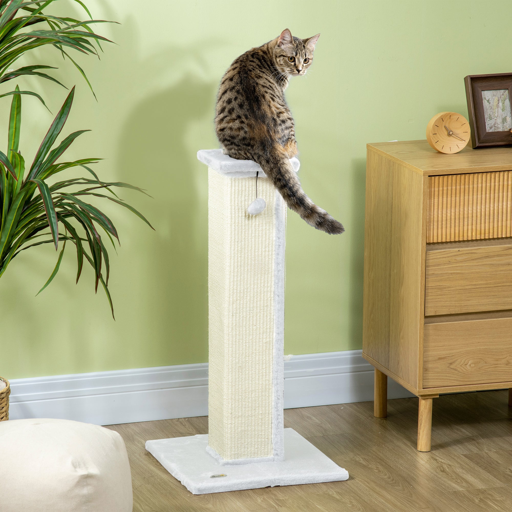 PawHut Cat Scratching Post for Indoor Cats, 81cm Cat Scratcher, Vertical Full Scratcher with Natural Sisal Rope, Hanging Ball and Soft Plush, White