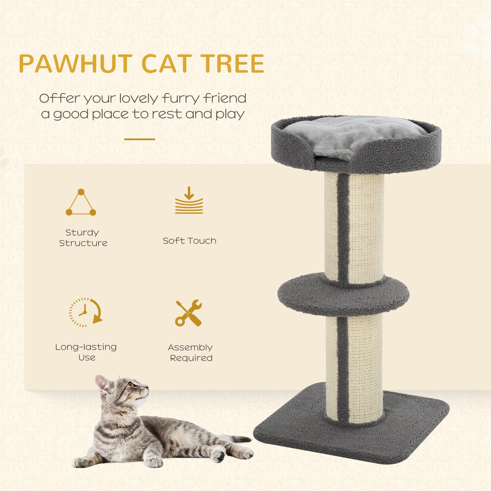 PawHut 36"H Large Cat Scratching Post for Indoor Cats, Bold Cat Tree Multi-Level Kitty Tower with Sisal Mat Scratch Rope, Cat Bed, Removable Cushion, Perch, Grey