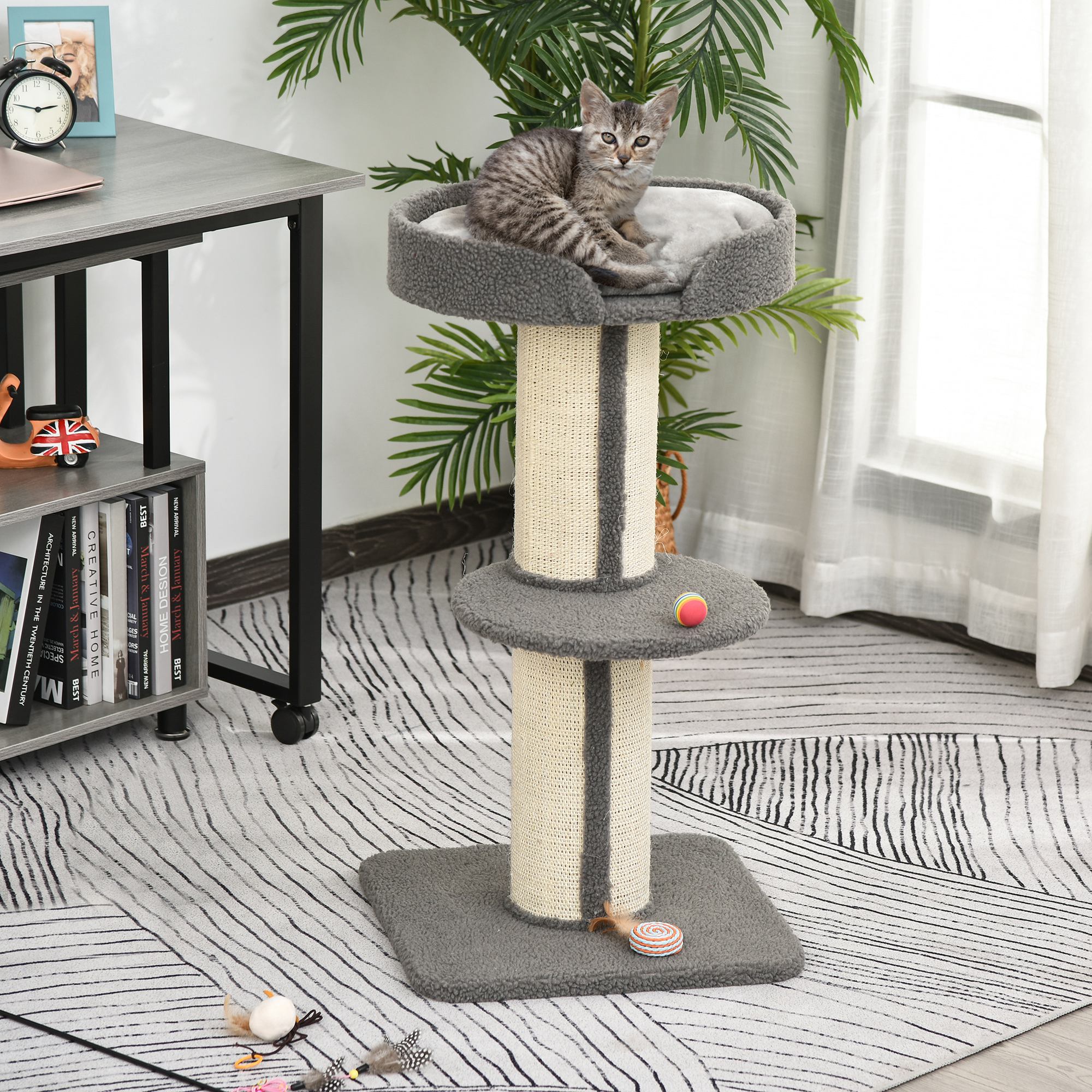 PawHut 36"H Large Cat Scratching Post for Indoor Cats, Bold Cat Tree Multi-Level Kitty Tower with Sisal Mat Scratch Rope, Cat Bed, Removable Cushion, Perch, Grey