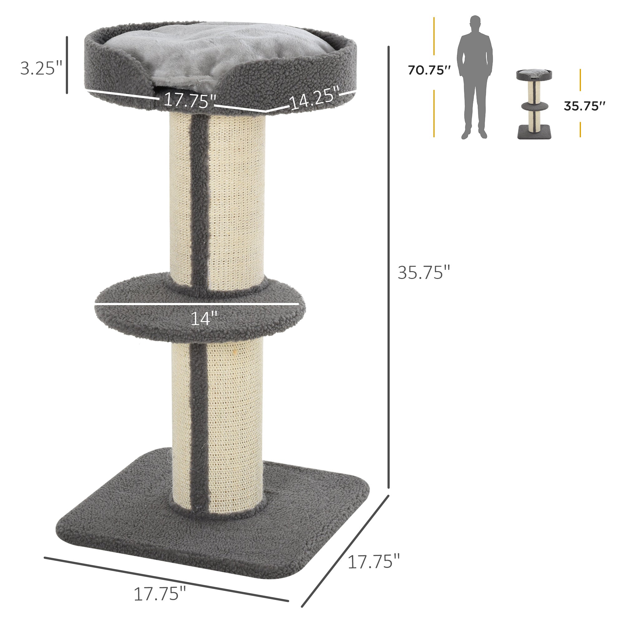 PawHut 36"H Large Cat Scratching Post for Indoor Cats, Bold Cat Tree Multi-Level Kitty Tower with Sisal Mat Scratch Rope, Cat Bed, Removable Cushion, Perch, Grey