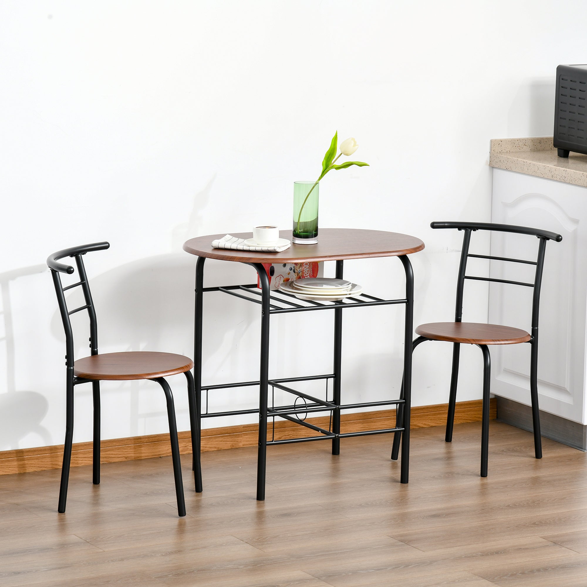 HOMCOM 3-Piece Dining Table Set, Oval Kitchen Table and 2 Chairs, Small Breakfast Table Set with Metal Frame, Built-in Wine Rack for Small Space, Dining Room, Living Room, 31.5