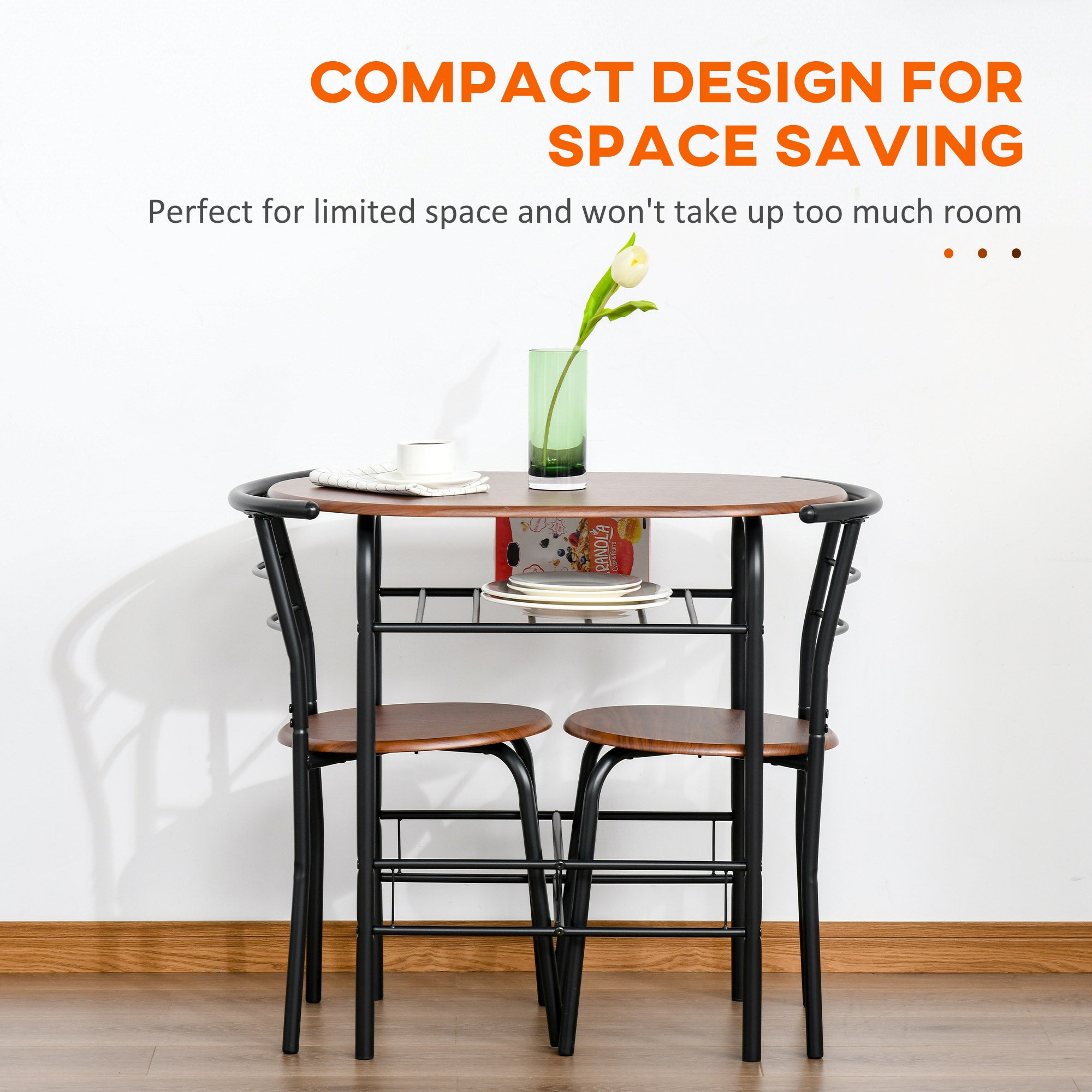 HOMCOM 3-Piece Dining Table Set, Oval Kitchen Table and 2 Chairs, Small Breakfast Table Set with Metal Frame, Built-in Wine Rack for Small Space, Dining Room, Living Room, 31.5