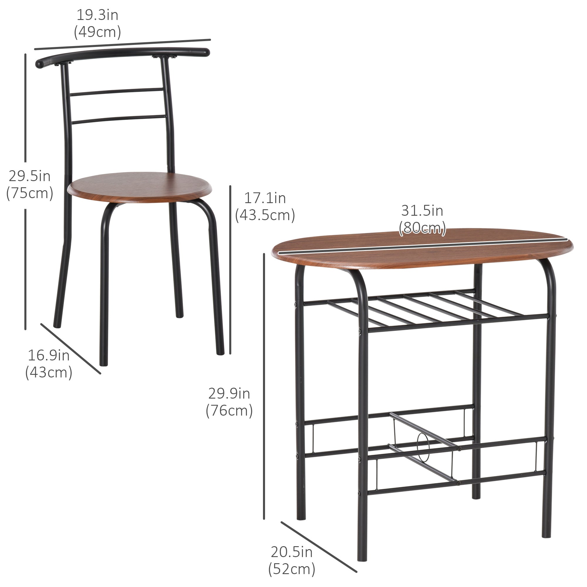 HOMCOM 3-Piece Dining Table Set, Oval Kitchen Table and 2 Chairs, Small Breakfast Table Set with Metal Frame, Built-in Wine Rack for Small Space, Dining Room, Living Room, 31.5